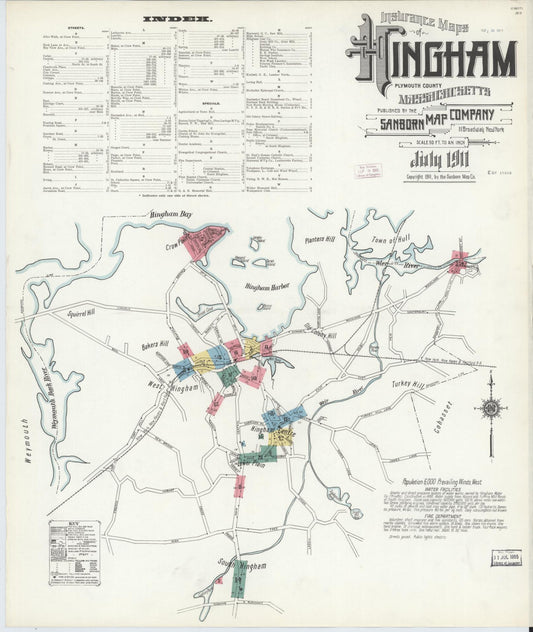Sanborn Fire Insurance Map from Hingham, Plymouth County, Massachusetts (1911), Sheet #0001 - Complete Map Set gallery image, historic Sanborn map, vintage wall art, Massachusetts Massachusetts