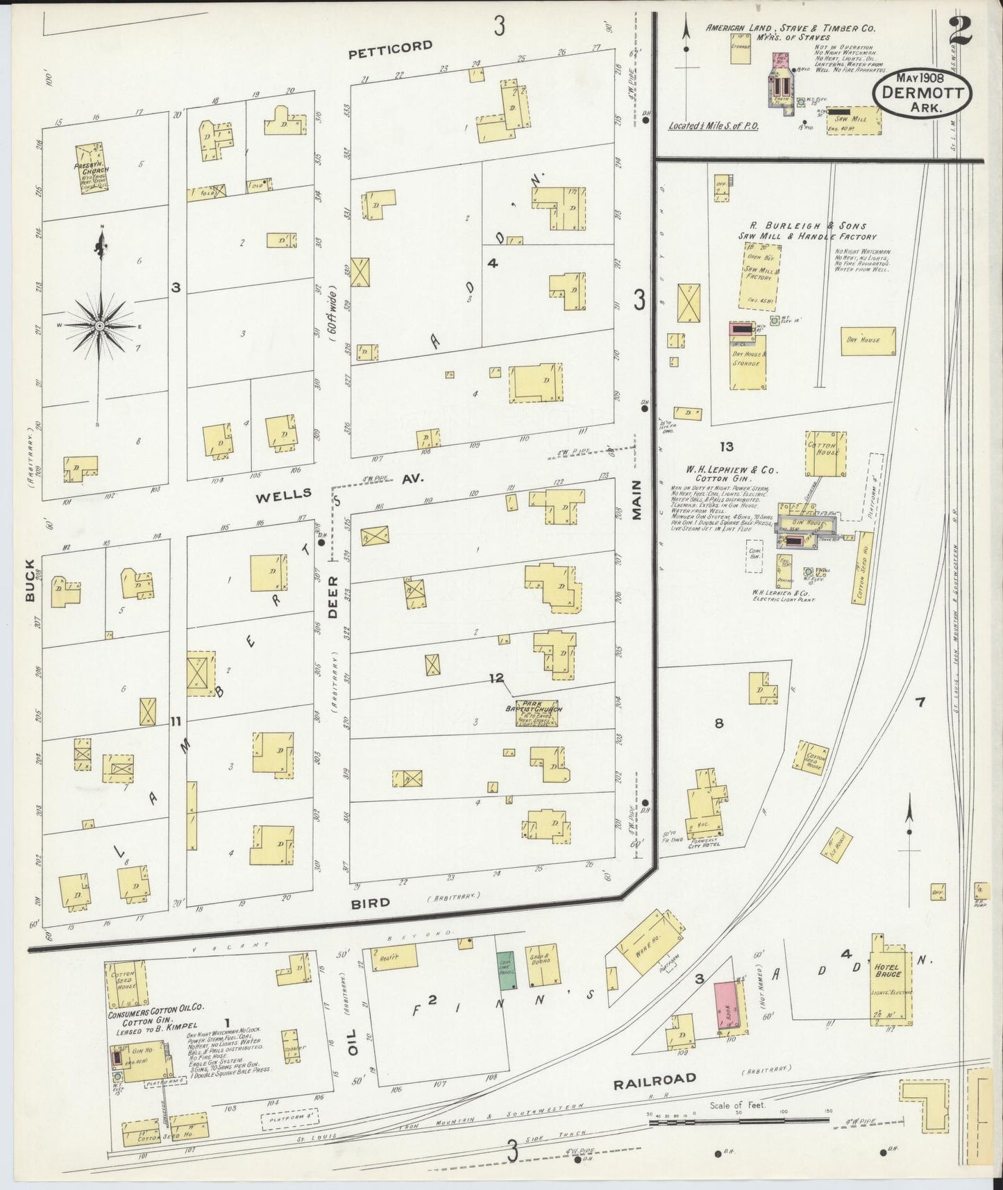 Sanborn Fire Insurance Map from Dermott, Chicot County, Arkansas (1908), Sheet #0002 - Complete Map Set gallery image, historic Sanborn map, vintage wall art, Arkansas Arkansas