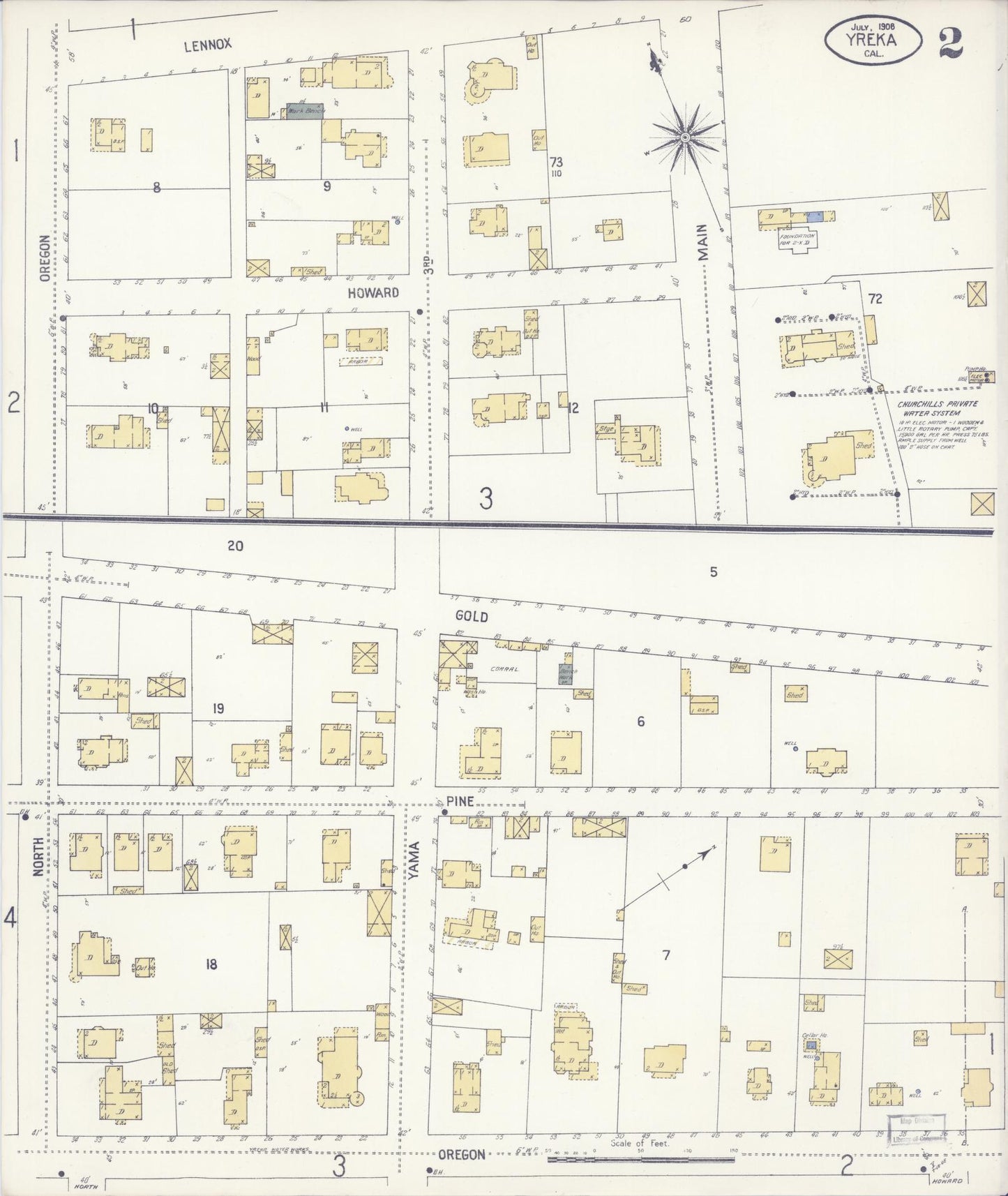 Sanborn Fire Insurance Map from Yreka, Siskiyou County, California (1908), Sheet #0002 - Complete Map Set gallery image, historic Sanborn map, vintage wall art, California California