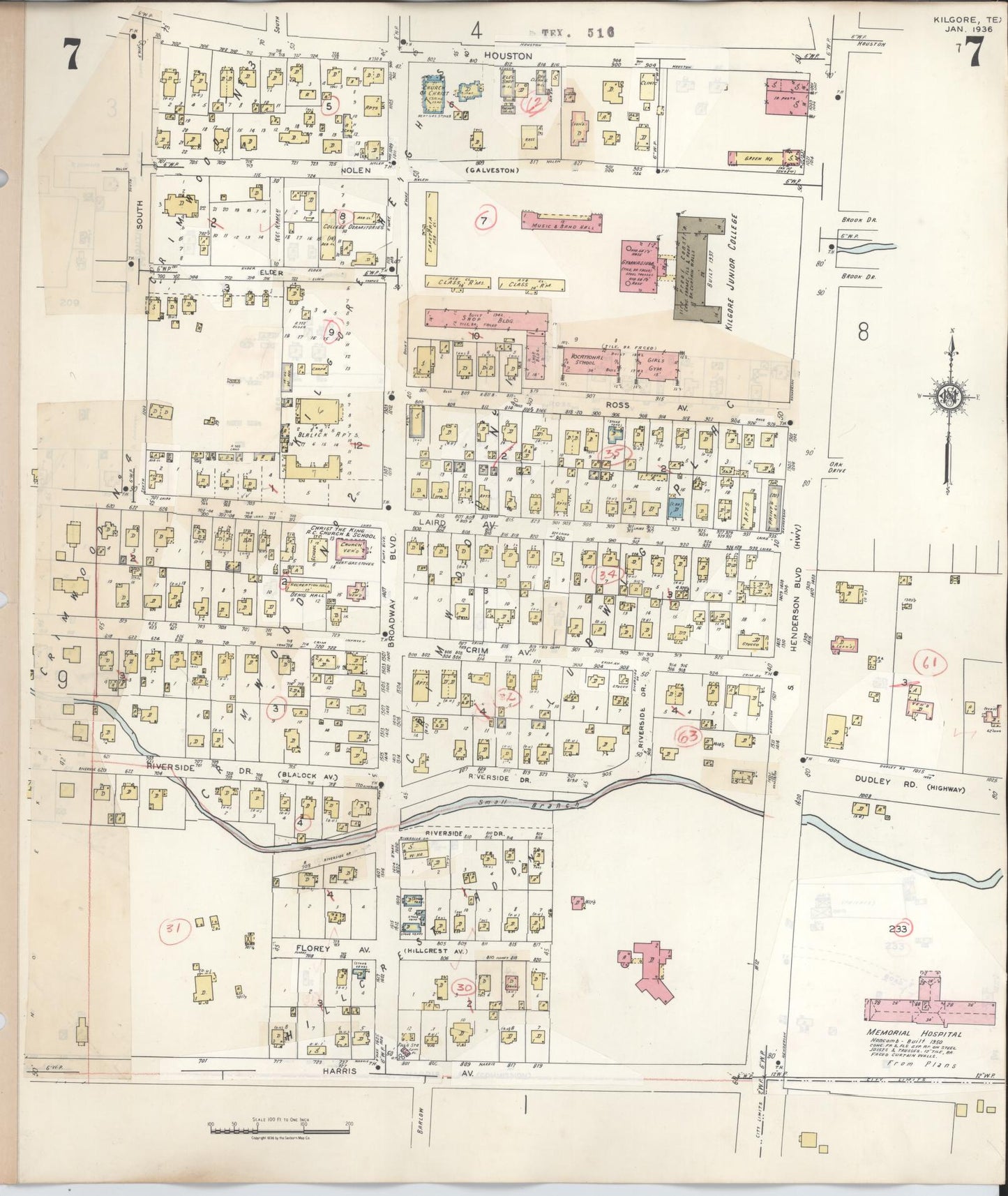 Sanborn Fire Insurance Map from Kilgore, Gregg County, Texas (1950), Sheet #0007 - Historic Sanborn Fire Insurance Map Print, vintage old map wall art, antique decor, genealogy gift, Texas Texas map