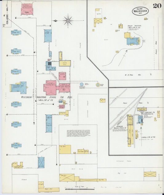 Sanborn Fire Insurance Map from Waukesha, Waukesha County, Wisconsin (1901), Sheet #0020 - Historic Sanborn Fire Insurance Map Print, vintage old map wall art, antique decor, genealogy gift, Wisconsin Wisconsin map