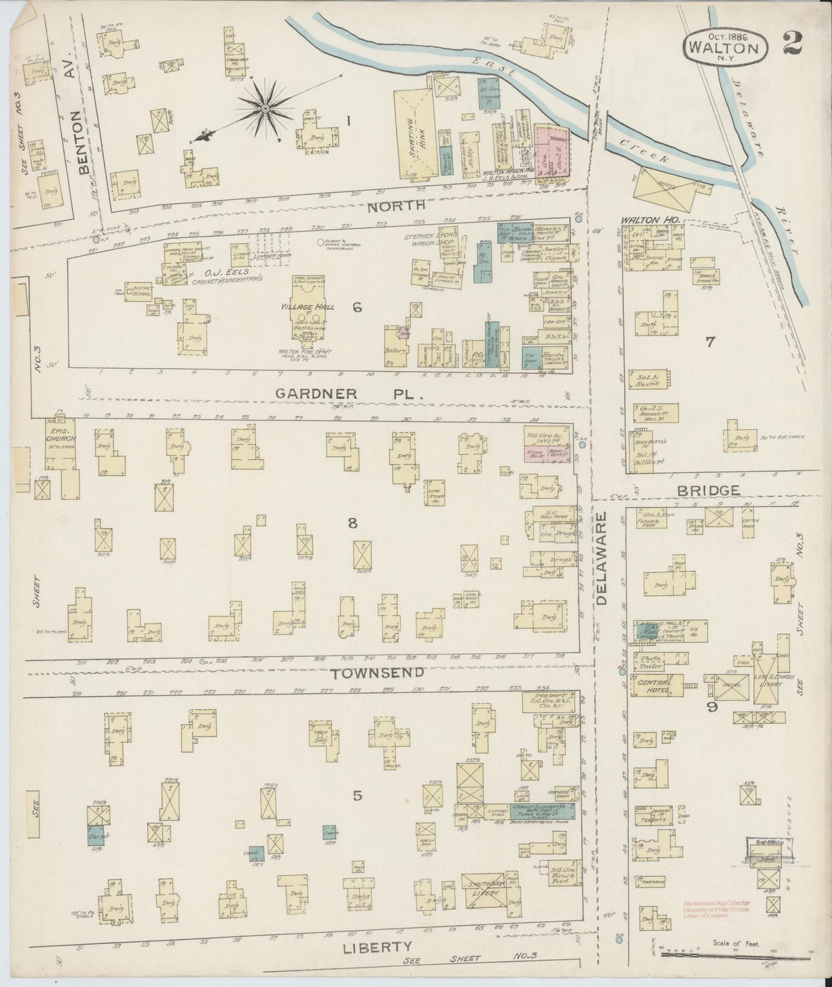 Sanborn Fire Insurance Map from Walton, Delaware County, New York (1886), Sheet #0002 - Complete Map Set gallery image, historic Sanborn map, vintage wall art, New York New York