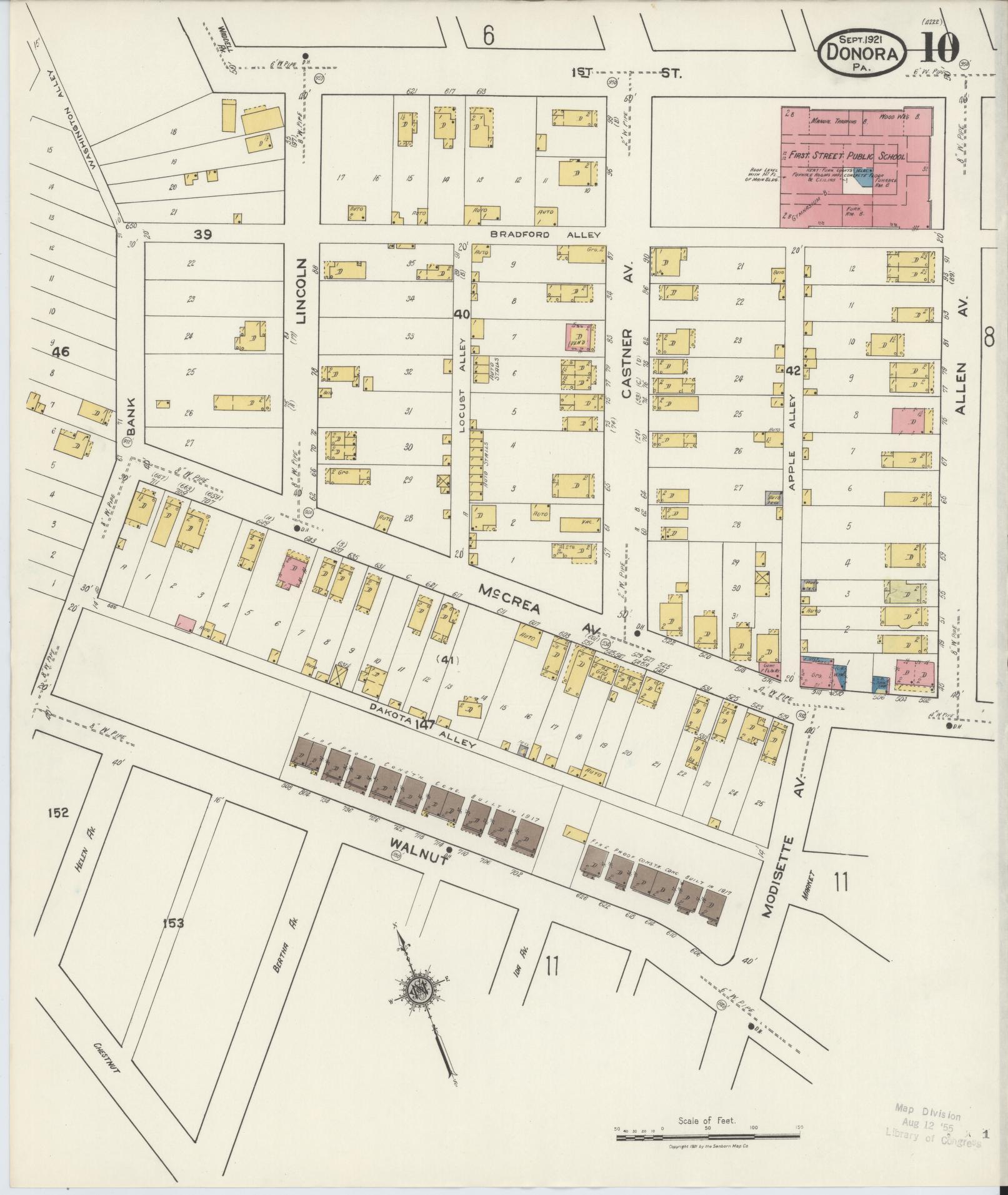 Sanborn Fire Insurance Map from Donora, Washington County, Pennsylvania (1921), Sheet #0010 - Historic Sanborn Fire Insurance Map Print, vintage old map wall art, antique decor, genealogy gift, Pennsylvania Pennsylvania map