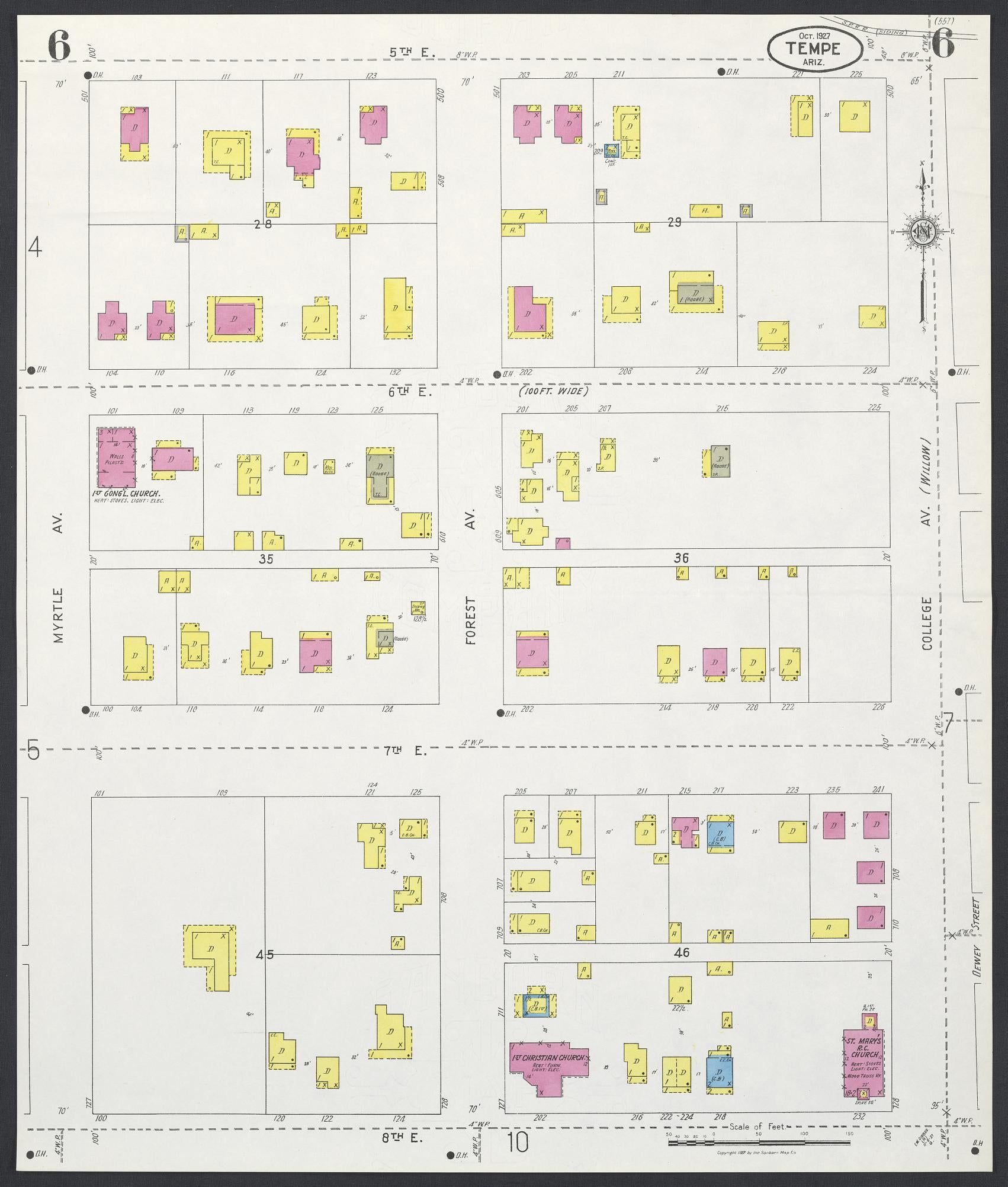 Sanborn Fire Insurance Map from Tempe, Maricopa County, Arizona (1927), Sheet #0006 - Historic Sanborn Fire Insurance Map Print, vintage old map wall art, antique decor, genealogy gift, Arizona Arizona map