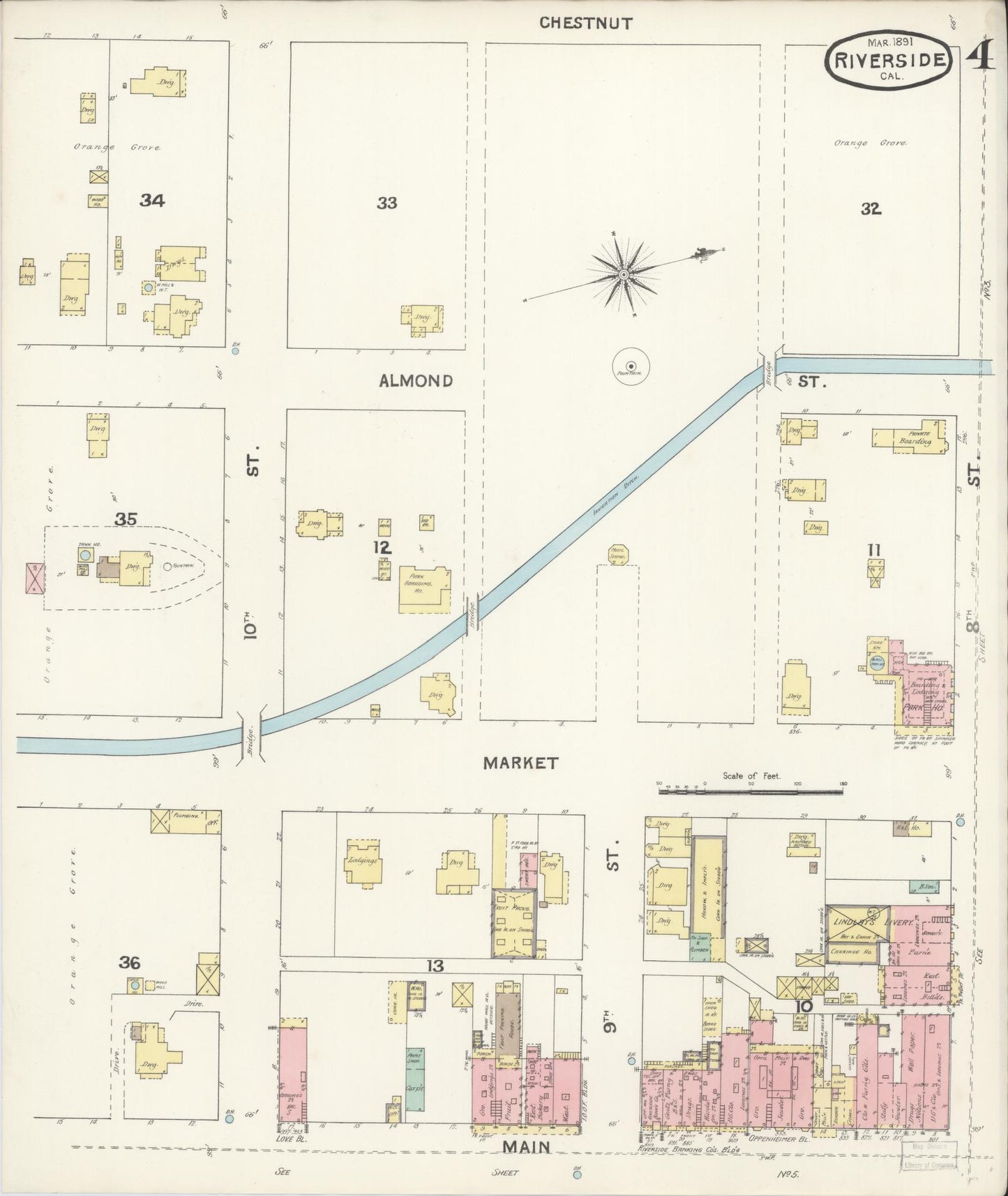 Sanborn Fire Insurance Map from Riverside, Riverside County, California (1891), Sheet #0004 - Complete Map Set gallery image, historic Sanborn map, vintage wall art, California California