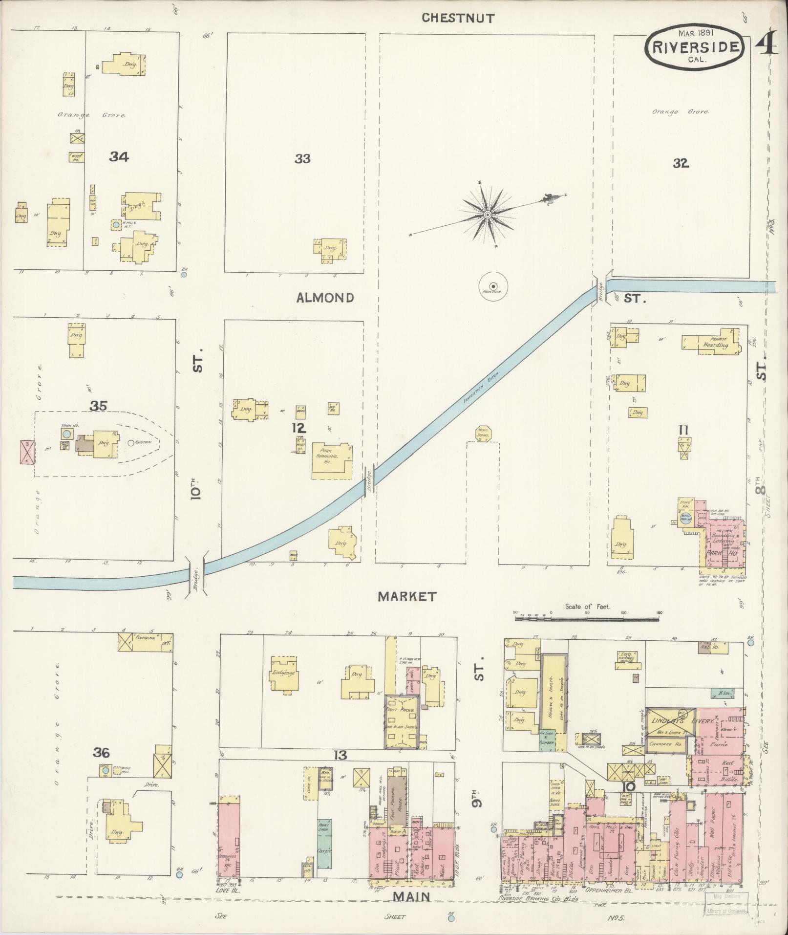 Sanborn Fire Insurance Map from Riverside, Riverside County, California (1891), Sheet #0004 - Complete Map Set gallery image, historic Sanborn map, vintage wall art, California California