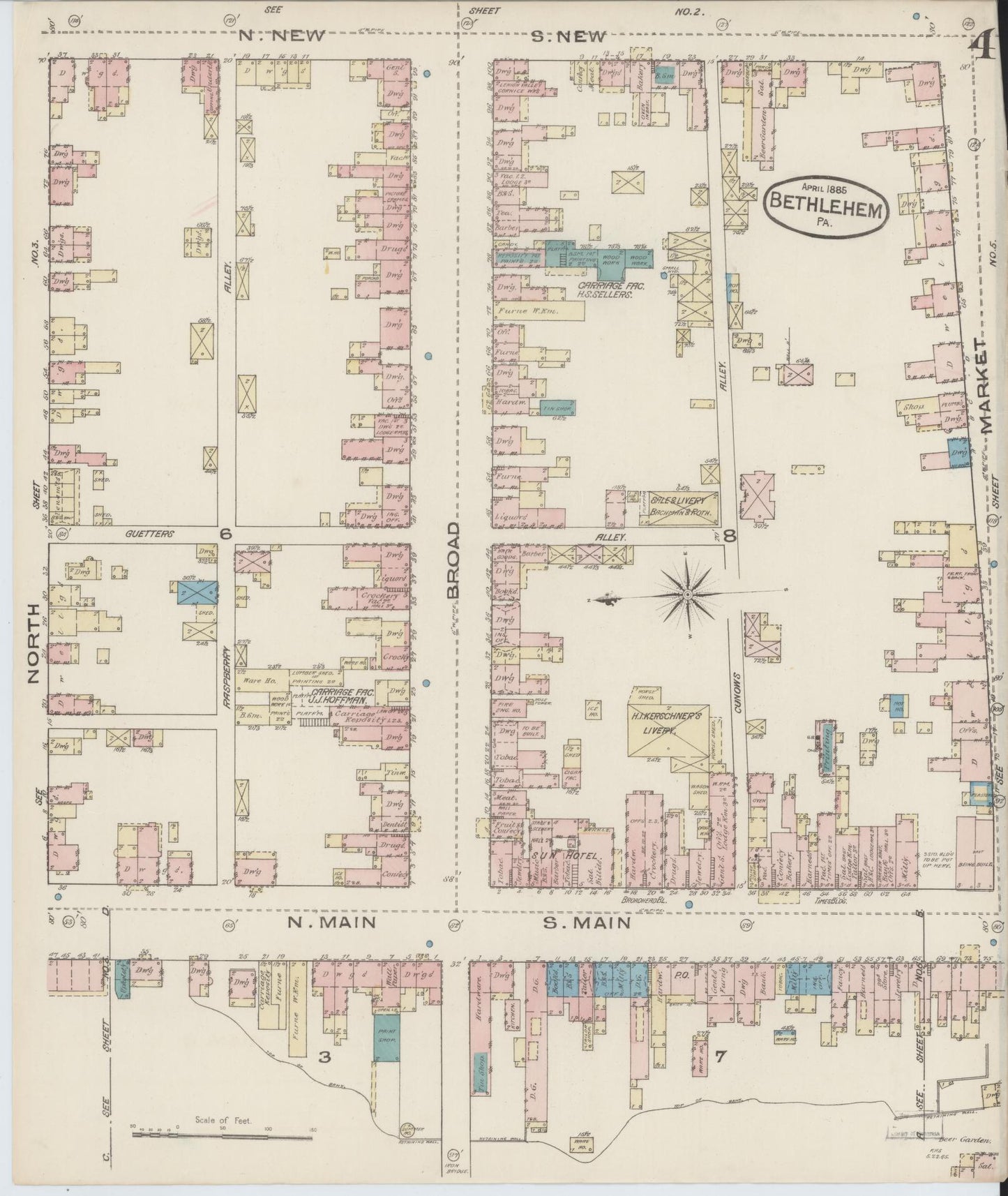 Sanborn Fire Insurance Map from Bethlehem, Northampton And Lehigh Counties, Pennsylvania (1885), Sheet #0004 - Historic Sanborn Fire Insurance Map Print, vintage old map wall art, antique decor, genealogy gift, Pennsylvania Pennsylvania map