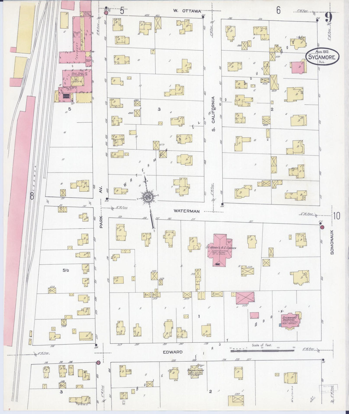 Sanborn Fire Insurance Map from Sycamore, De Kalb County, Illinois (1912), Sheet #0009 - Complete Map Set gallery image, historic Sanborn map, vintage wall art, Illinois Illinois