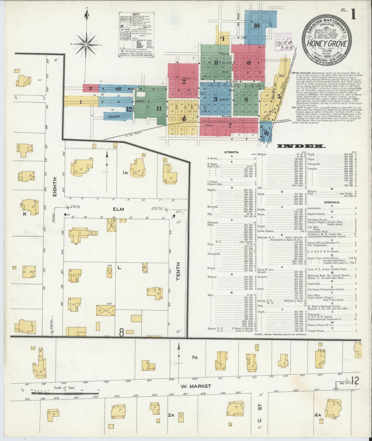 Sanborn Fire Insurance Map from Honey Grove, Fannin County, Texas (1909), Sheet #0001 - Complete Map Set gallery image, historic Sanborn map, vintage wall art, Texas Texas