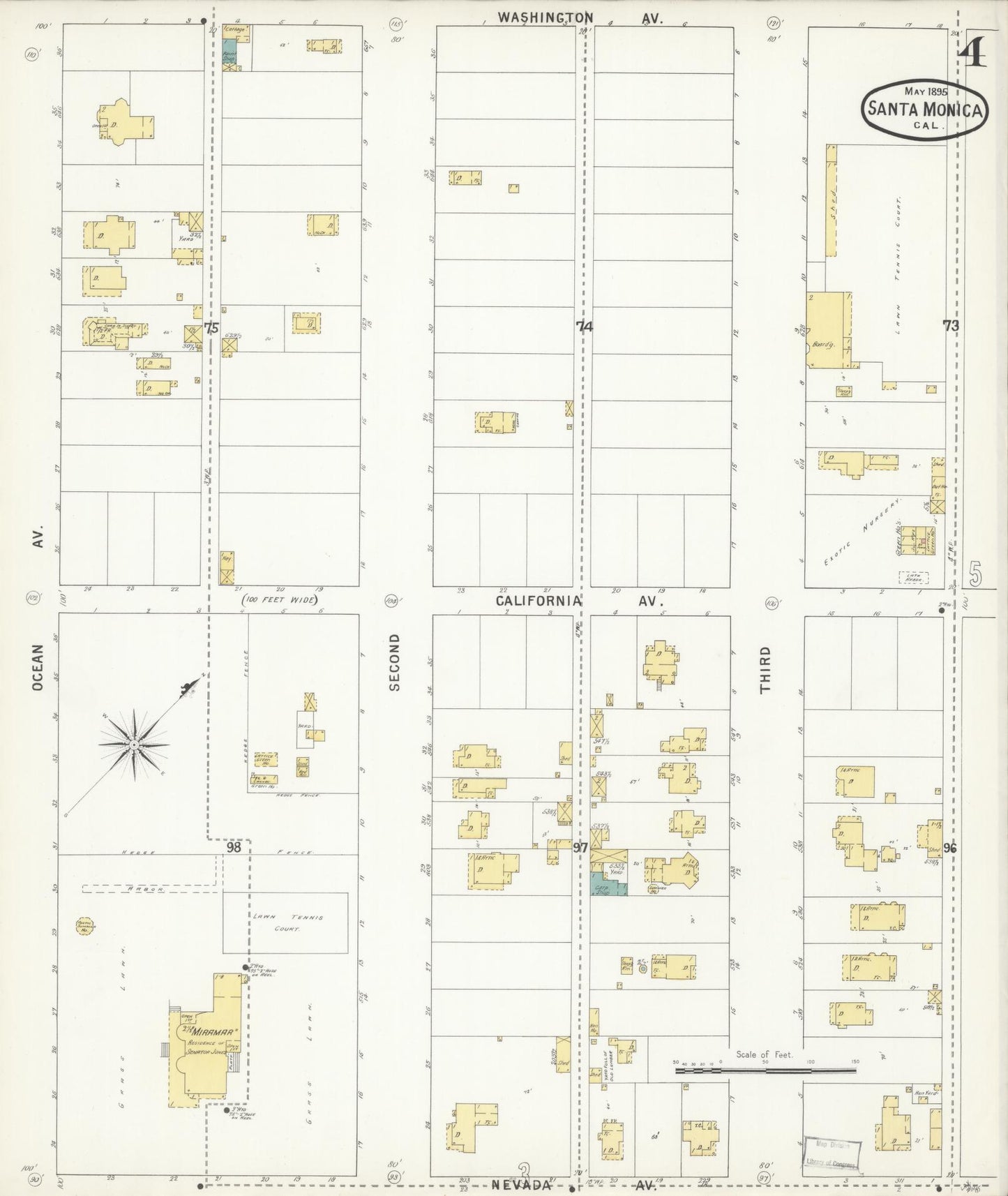 Sanborn Fire Insurance Map from Santa Monica, Los Angeles County, California (1895), Sheet #0004 - Complete Map Set gallery image, historic Sanborn map, vintage wall art, California California