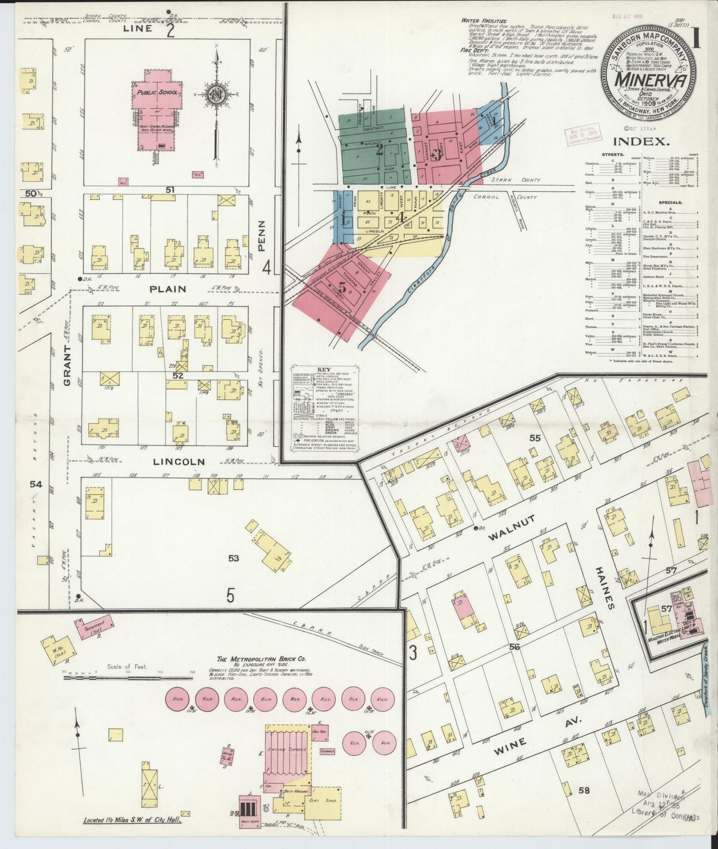 Sanborn Fire Insurance Map from Minerva, Stark And Carroll Counties, Ohio (1909), Sheet #0001 - Historic Sanborn Fire Insurance Map Print, vintage old map wall art, antique decor, genealogy gift, Ohio Ohio map