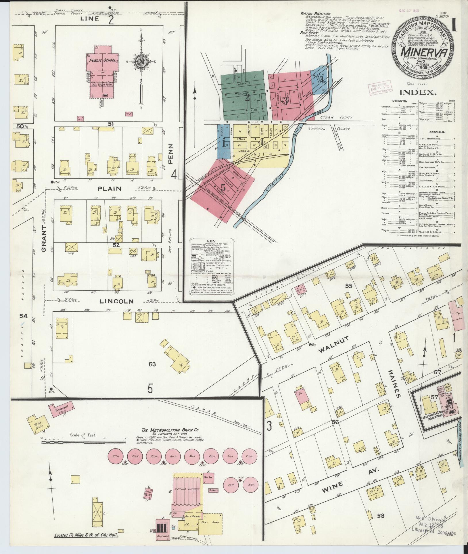 Sanborn Fire Insurance Map from Minerva, Stark And Carroll Counties, Ohio (1909), Sheet #0001 - Historic Sanborn Fire Insurance Map Print, vintage old map wall art, antique decor, genealogy gift, Ohio Ohio map