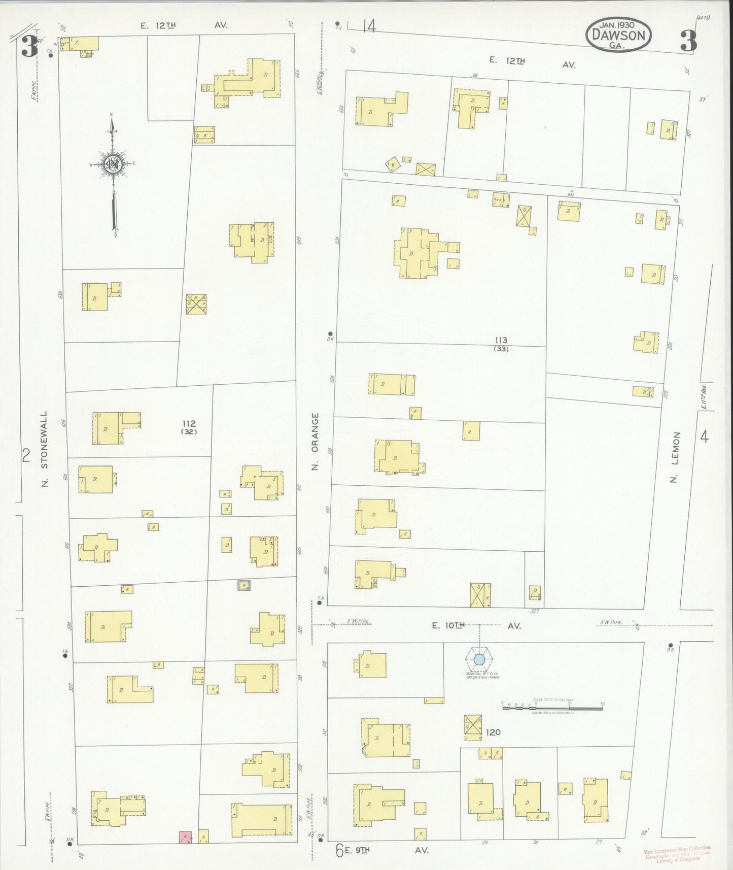 Sanborn Fire Insurance Map from Dawson, Terrell County, Georgia (1930), Sheet #0003 - Complete Map Set gallery image, historic Sanborn map, vintage wall art, Georgia Georgia