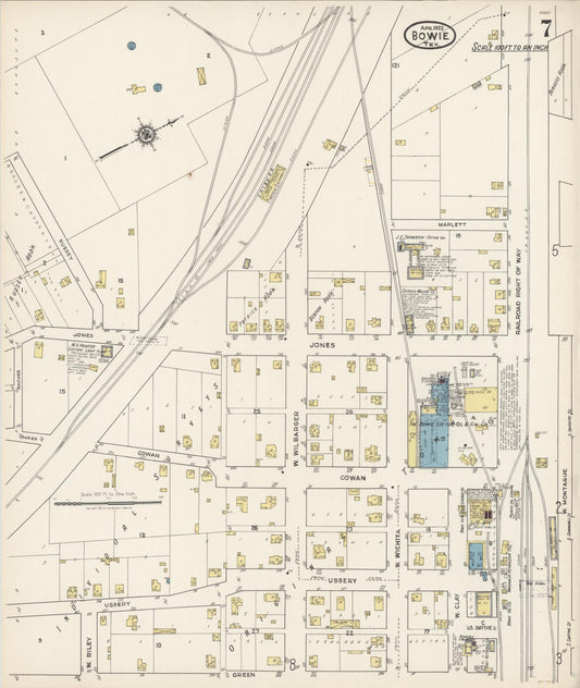 Sanborn Fire Insurance Map from Bowie, Montague County, Texas (1922), Sheet #0007 - Historic Sanborn Fire Insurance Map Print, vintage old map wall art, antique decor, genealogy gift, Texas Texas map
