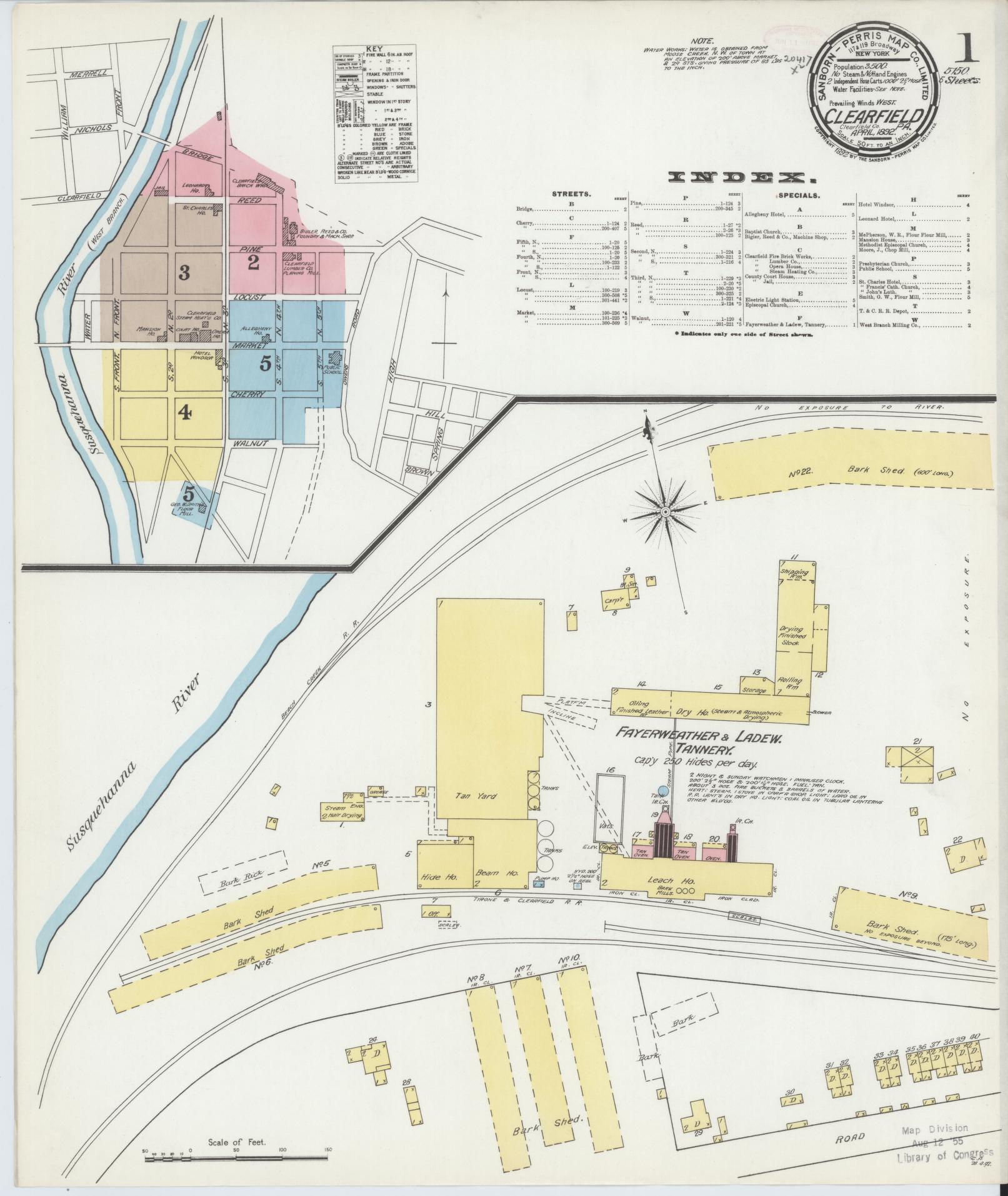 Sanborn Fire Insurance Map from Clearfield, Clearfield County, Pennsylvania (1892), Sheet #0001 - Historic Sanborn Fire Insurance Map Print, vintage old map wall art, antique decor, genealogy gift, Pennsylvania Pennsylvania map