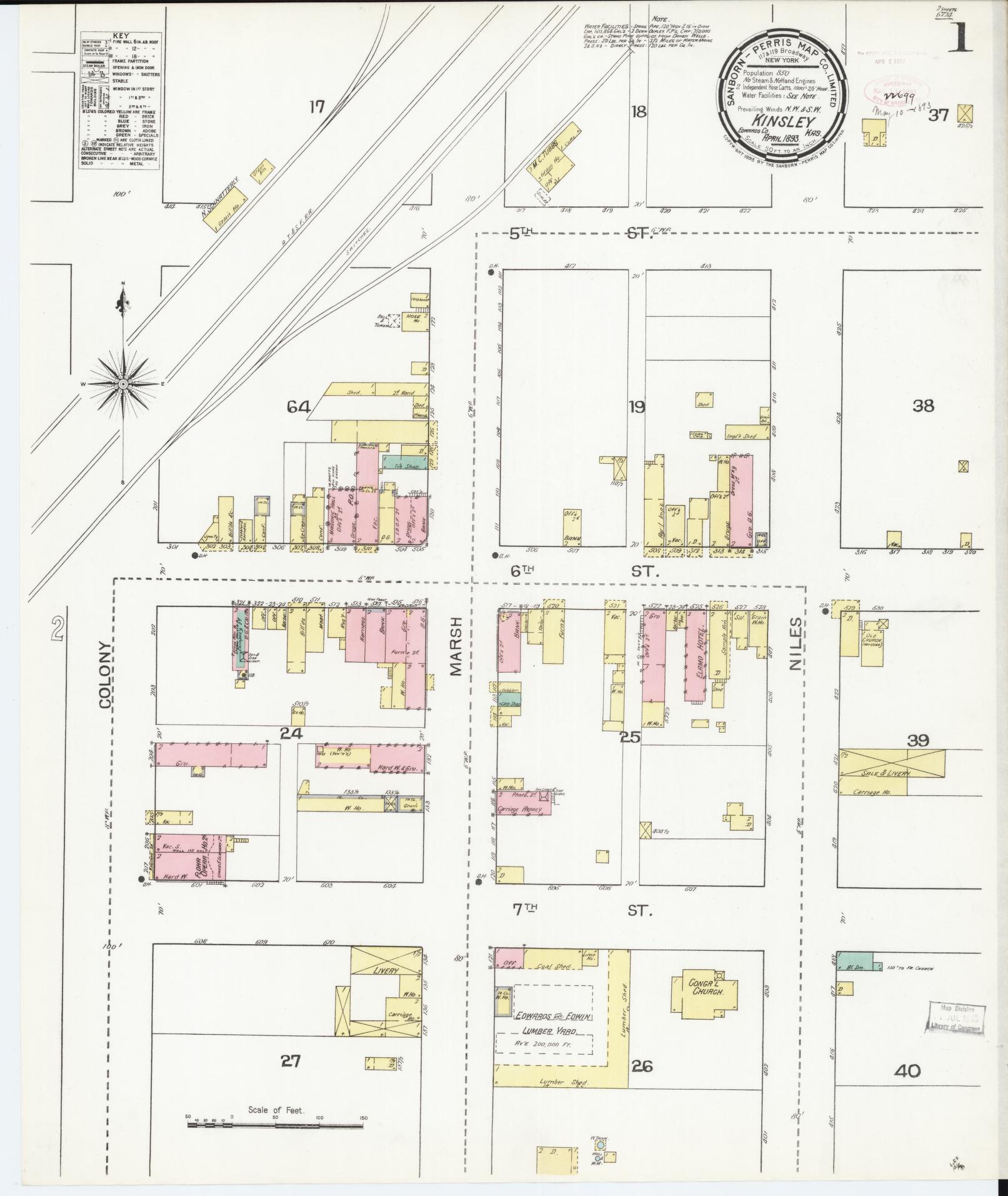 Sanborn Fire Insurance Map from Kinsley, Edwards County, Kansas (1893), Sheet #0001 - Complete Map Set gallery image, historic Sanborn map, vintage wall art, Kansas Kansas