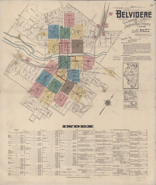 Sanborn Fire Insurance Map from Belvidere, Boone County, Illinois (1922), Sheet #0001 - Historic Sanborn Fire Insurance Map Print, vintage old map wall art, antique decor, genealogy gift, Illinois Illinois map