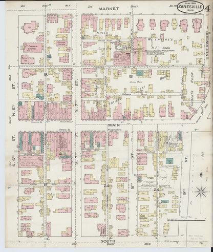 Sanborn Fire Insurance Map from Zanesville, Muskingum County, Ohio (1886), Sheet #0004 - Historic Sanborn Fire Insurance Map Print, vintage old map wall art, antique decor, genealogy gift, Ohio Ohio map