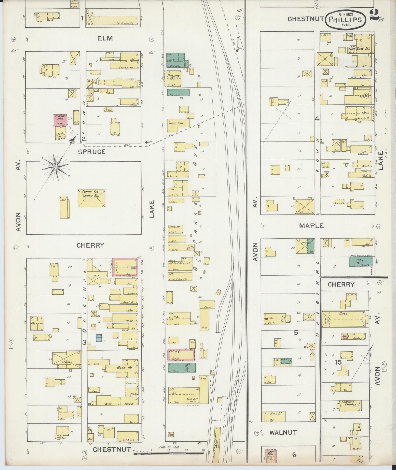 Sanborn Fire Insurance Map from Phillips, Price County, Wisconsin (1892), Sheet #0002 - Complete Map Set gallery image, historic Sanborn map, vintage wall art, Wisconsin Wisconsin