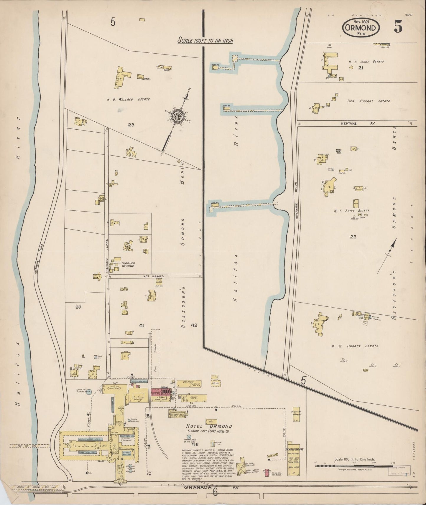 Sanborn Fire Insurance Map from Ormond, Volusia County, Florida (1921), Sheet #0005 - Complete Map Set gallery image, historic Sanborn map, vintage wall art, Florida Florida