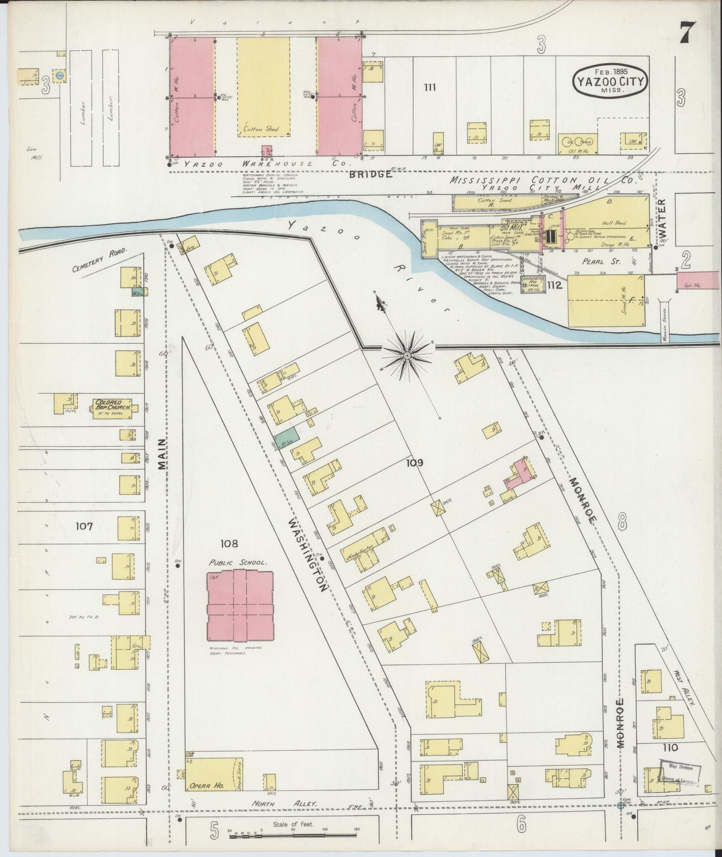 Sanborn Fire Insurance Map from Yazoo City, Yazoo County, Mississippi (1895), Sheet #0007 - Historic Sanborn Fire Insurance Map Print, vintage old map wall art, antique decor, genealogy gift, Mississippi Mississippi map