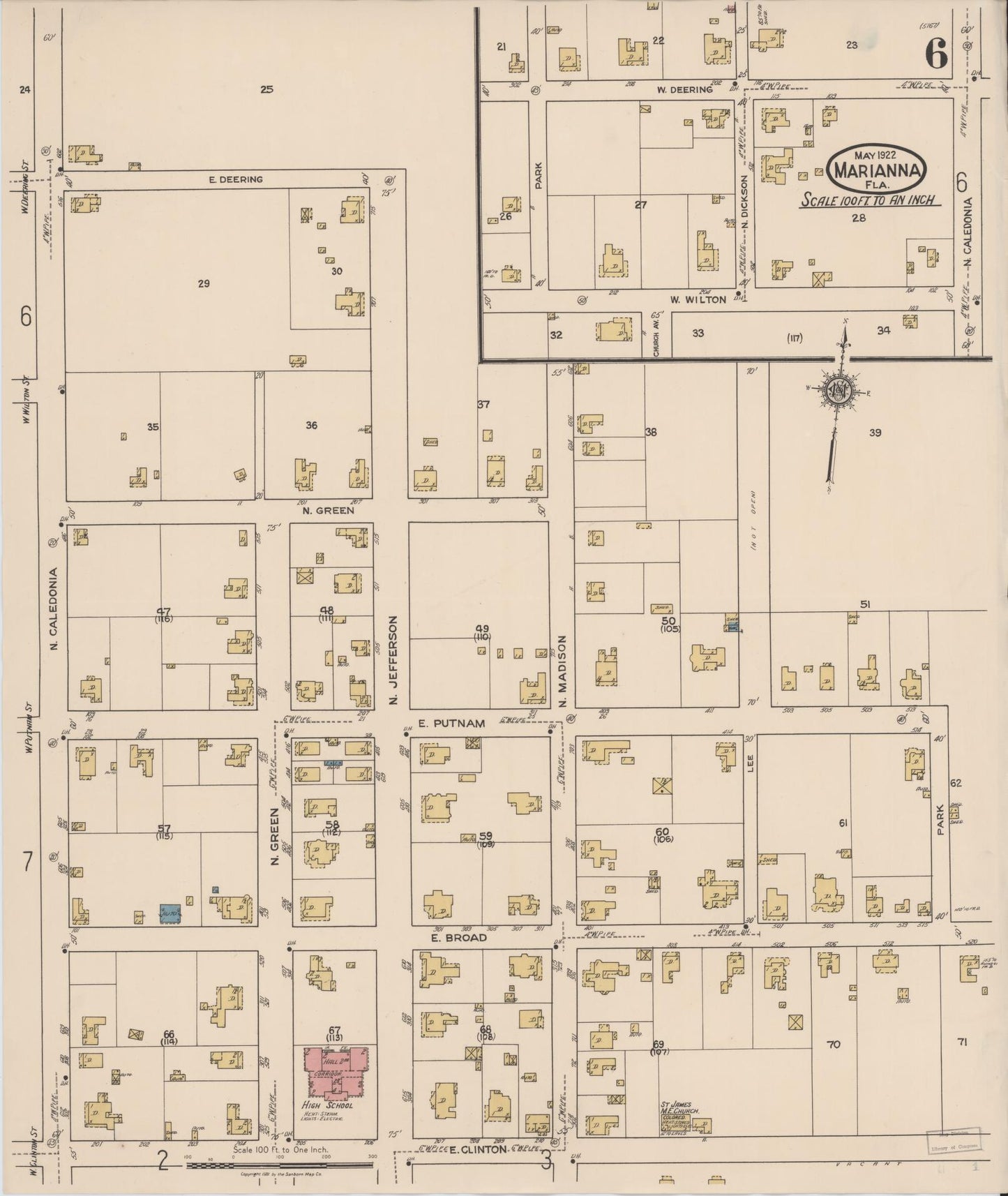 Sanborn Fire Insurance Map from Marianna, Jackson County, Florida (1922), Sheet #0006 - Historic Sanborn Fire Insurance Map Print, vintage old map wall art, antique decor, genealogy gift, Florida Florida map