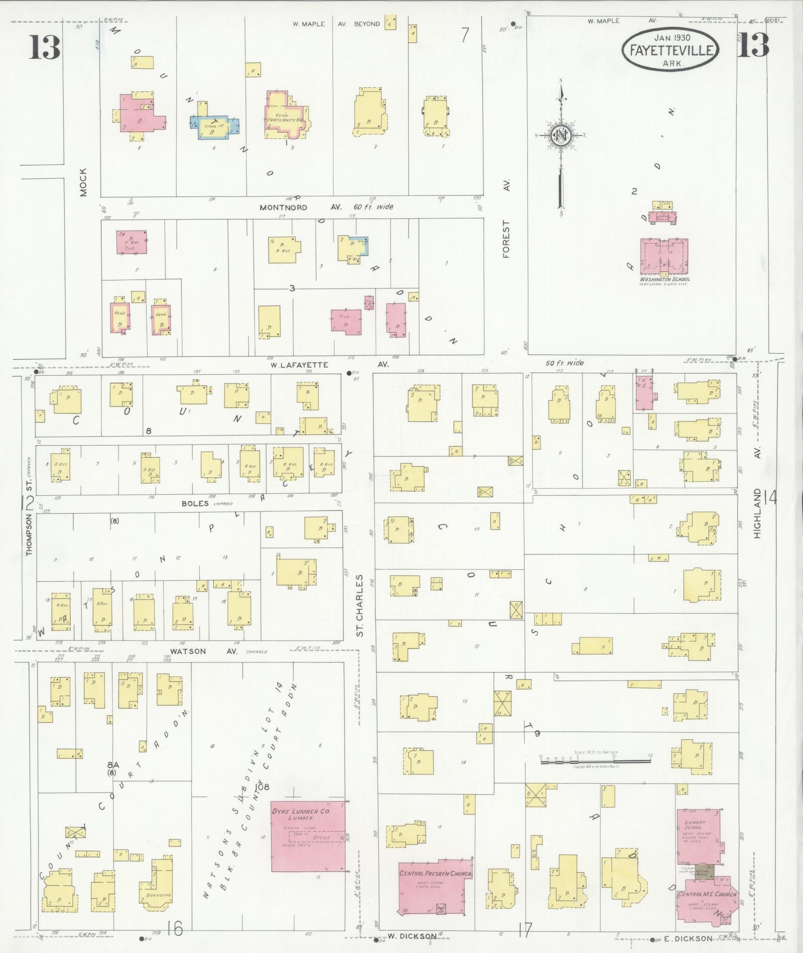 Sanborn Fire Insurance Map from Fayetteville, Washington County, Arkansas (1930), Sheet #0013 - Complete Map Set gallery image, historic Sanborn map, vintage wall art, Arkansas Arkansas