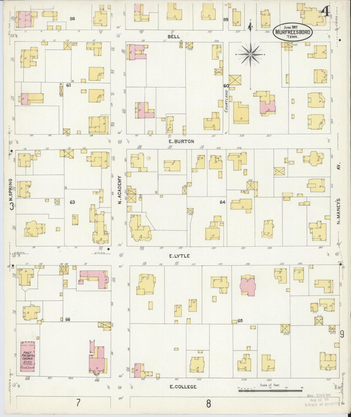 Sanborn Fire Insurance Map from Murfreesboro, Rutherford County, Tennessee (1907), Sheet #0004 - Complete Map Set gallery image, historic Sanborn map, vintage wall art, Tennessee Tennessee