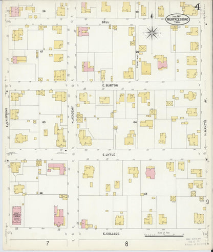 Sanborn Fire Insurance Map from Murfreesboro, Rutherford County, Tennessee (1907), Sheet #0004 - Complete Map Set gallery image, historic Sanborn map, vintage wall art, Tennessee Tennessee