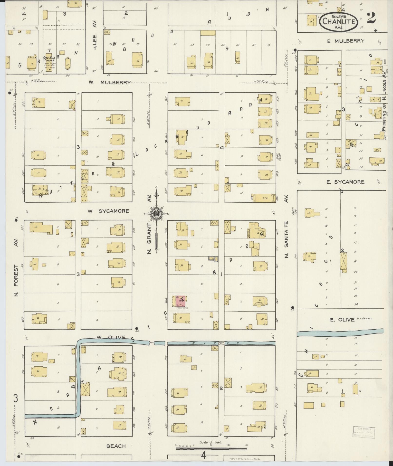 Sanborn Fire Insurance Map from Chanute, Neosho County, Kansas (1916), Sheet #0002 - Complete Map Set gallery image, historic Sanborn map, vintage wall art, Kansas Kansas