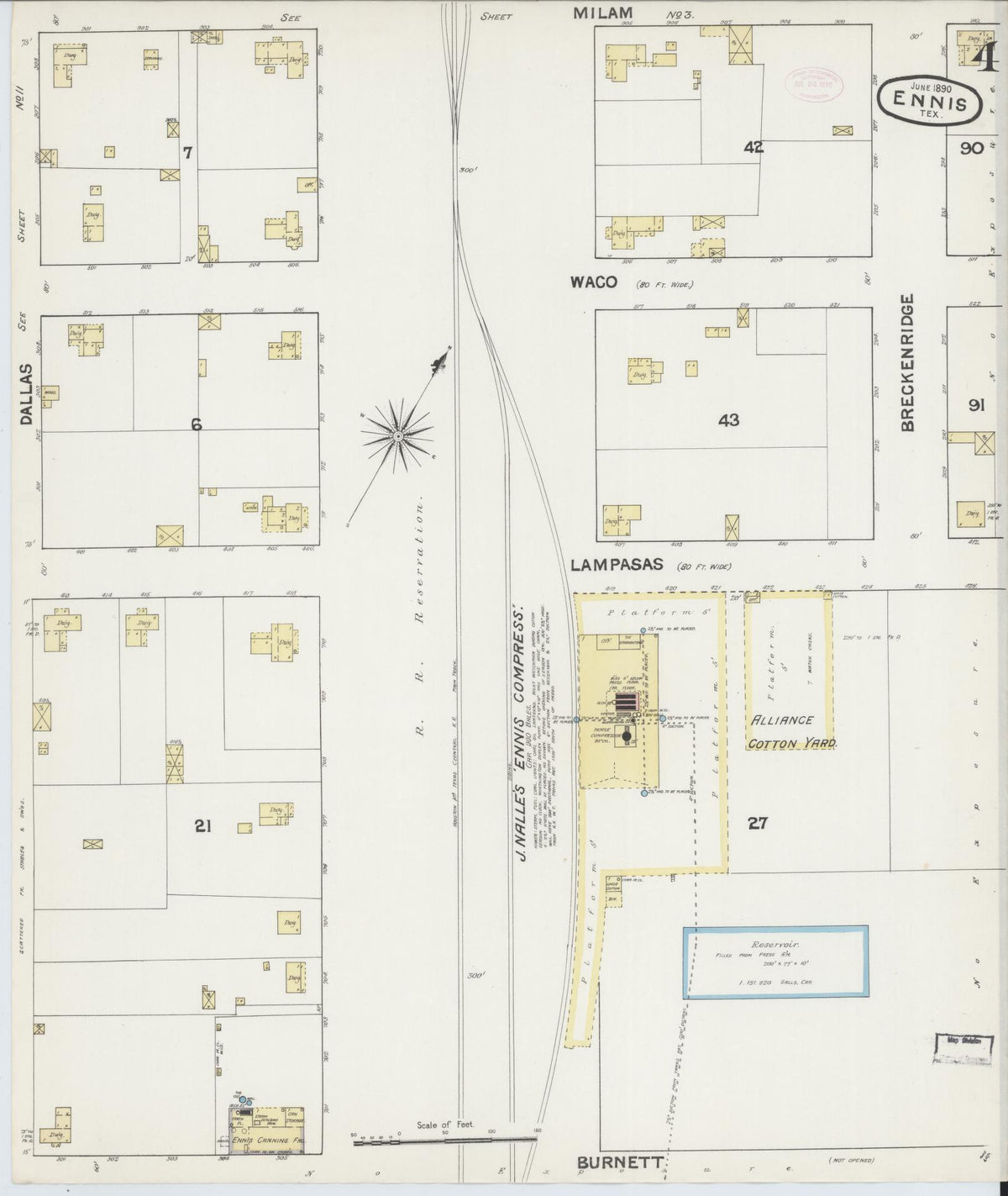 Sanborn Fire Insurance Map from Ennis, Ellis County, Texas (1890), Sheet #0004 - Historic Sanborn Fire Insurance Map Print, vintage old map wall art, antique decor, genealogy gift, Texas Texas map