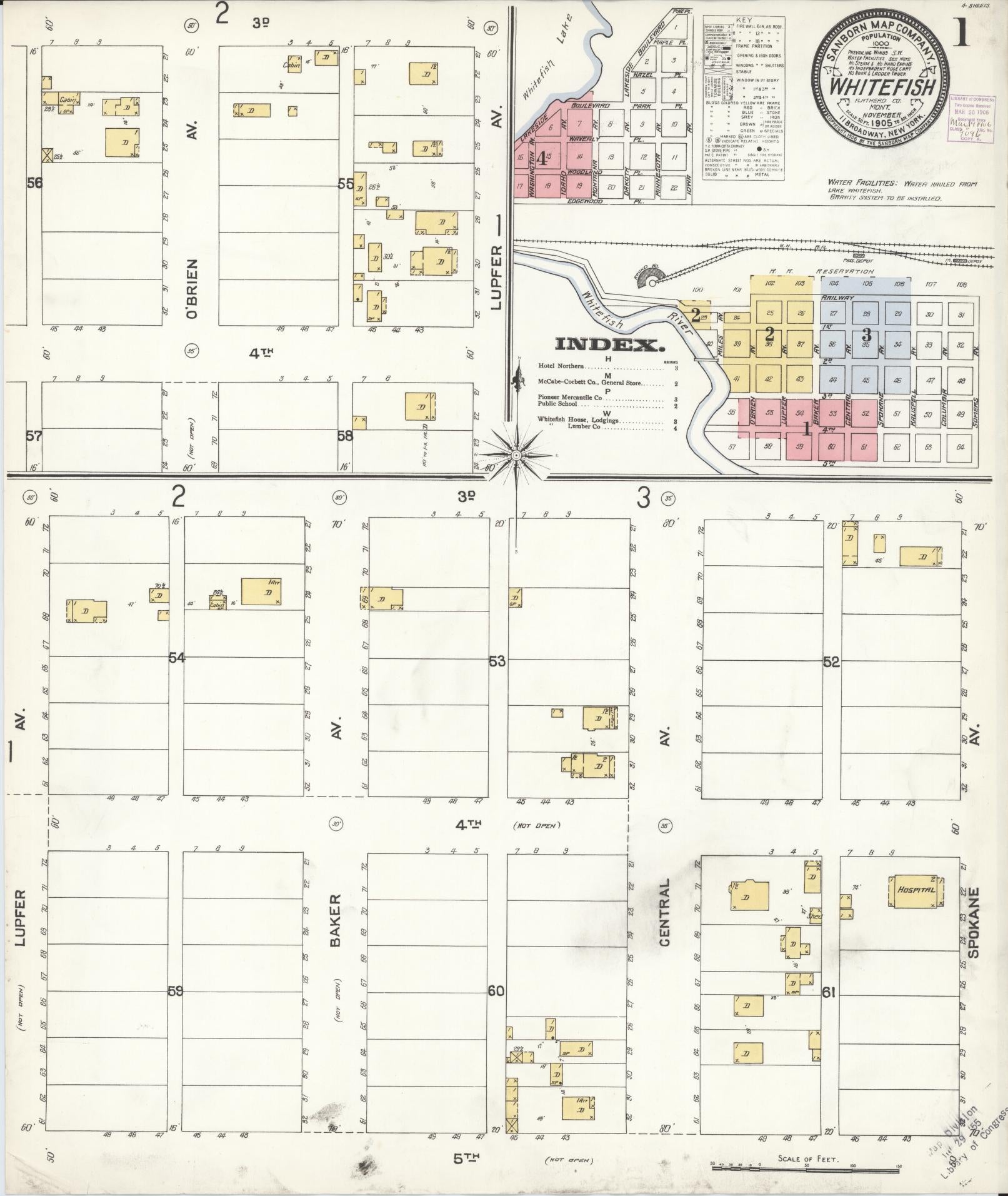 Sanborn Fire Insurance Map from Whitefish, Flathead County, Montana (1905), Sheet #0001 - Historic Sanborn Fire Insurance Map Print, vintage old map wall art, antique decor, genealogy gift, Montana Montana map