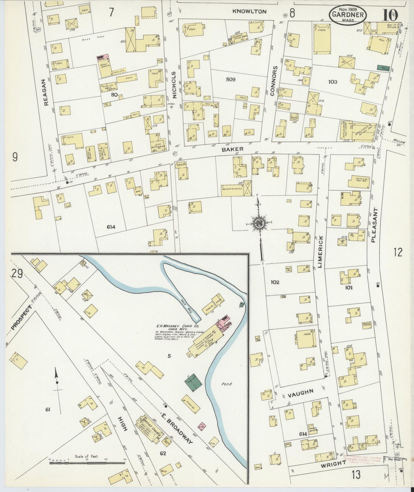 Sanborn Fire Insurance Map from Gardner, Worcester County, Massachusetts (1909), Sheet #0010 - Historic Sanborn Fire Insurance Map Print, vintage old map wall art, antique decor, genealogy gift, Massachusetts Massachusetts map