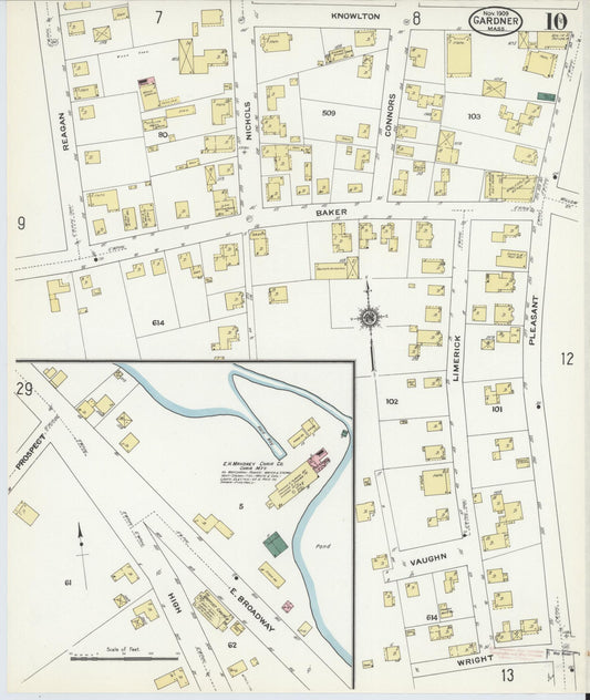 Sanborn Fire Insurance Map from Gardner, Worcester County, Massachusetts (1909), Sheet #0010 - Historic Sanborn Fire Insurance Map Print, vintage old map wall art, antique decor, genealogy gift, Massachusetts Massachusetts map