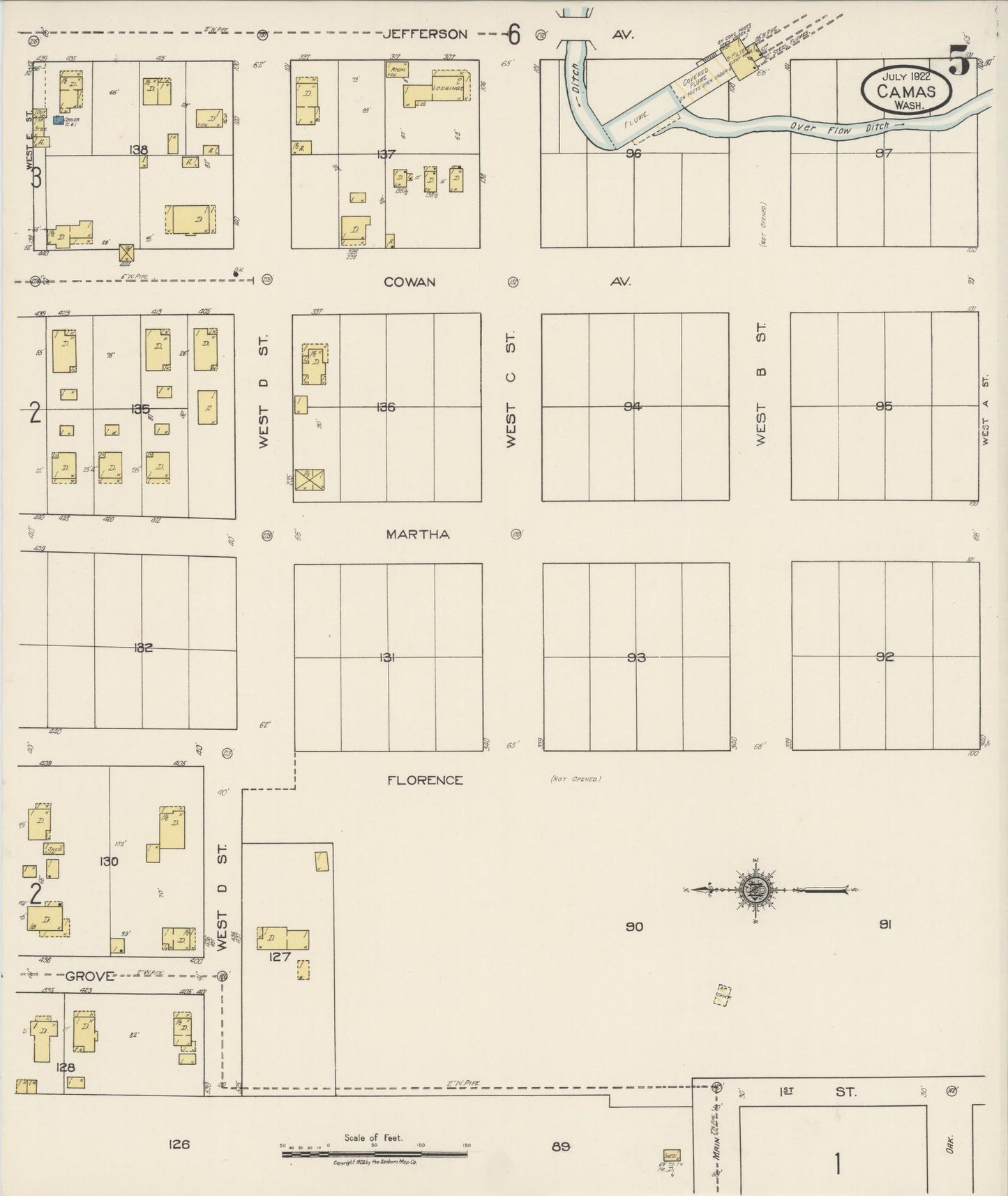 Sanborn Fire Insurance Map from Camas, Clark County, Washington (1922), Sheet #0005 - Complete Map Set gallery image, historic Sanborn map, vintage wall art, Washington Washington
