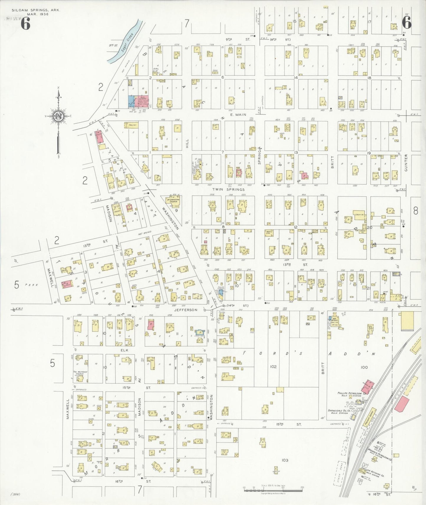 Sanborn Fire Insurance Map from Siloam Springs, Benton County, Arkansas (1936), Sheet #0006 - Historic Sanborn Fire Insurance Map Print, vintage old map wall art, antique decor, genealogy gift, Arkansas Arkansas map