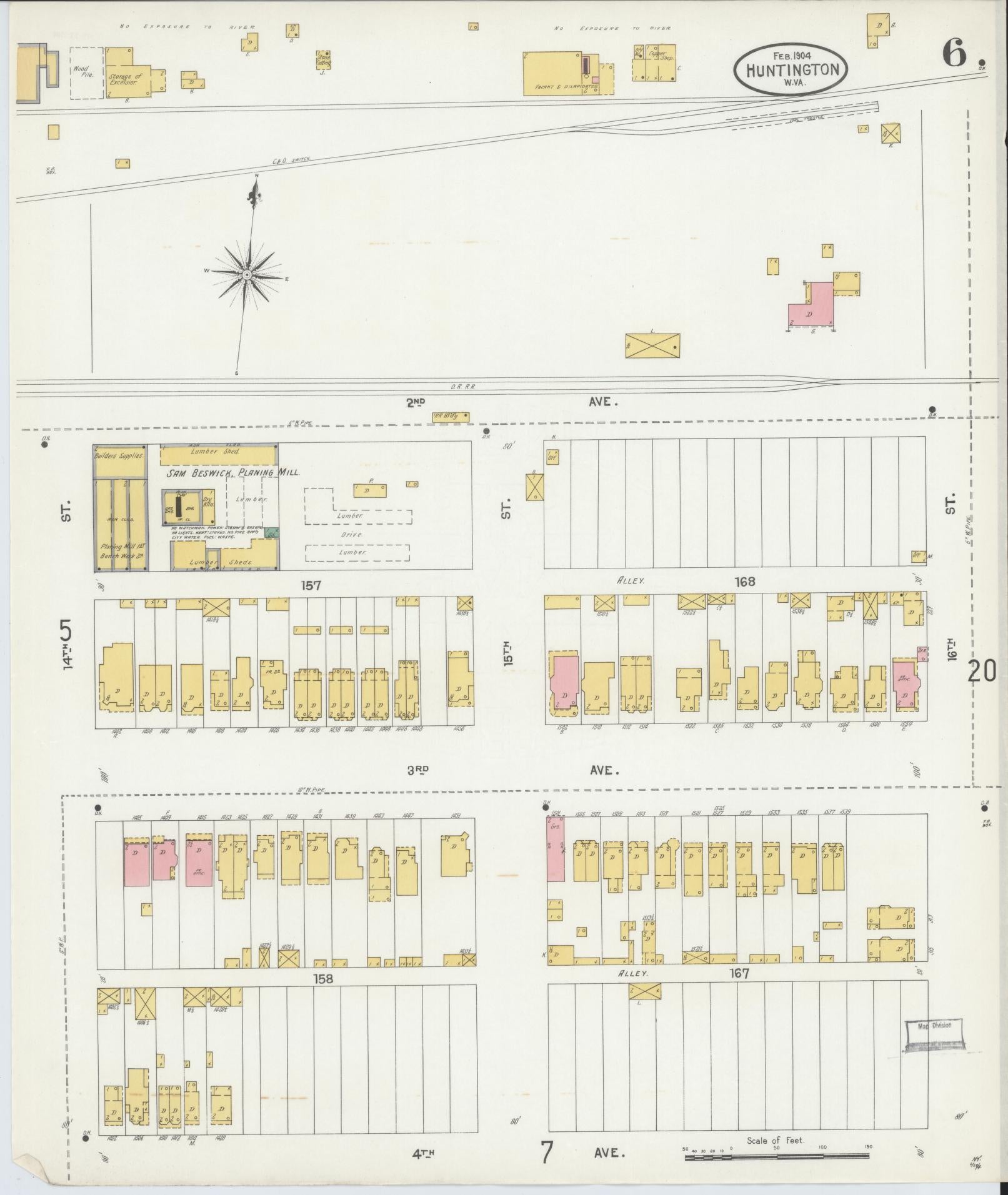 Sanborn Fire Insurance Map from Huntington, Cabell County, West Virginia (1904), Sheet #0006 - Complete Map Set gallery image, historic Sanborn map, vintage wall art, West Virginia West Virginia