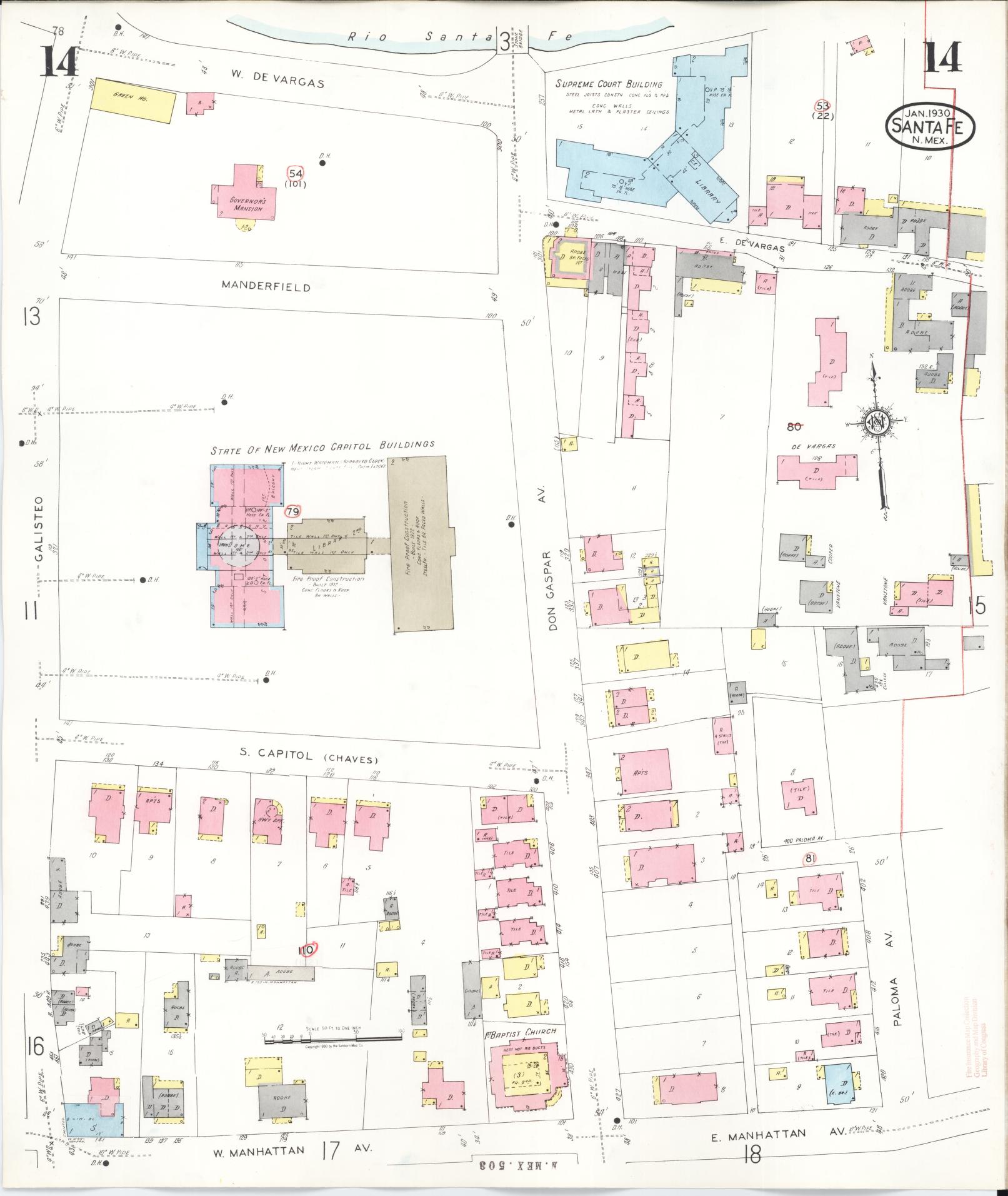 Sanborn Fire Insurance Map from Santa Fe, Santa Fe County, New Mexico (1948), Sheet #0014 - Historic Sanborn Fire Insurance Map Print, vintage old map wall art, antique decor, genealogy gift, New Mexico New Mexico map