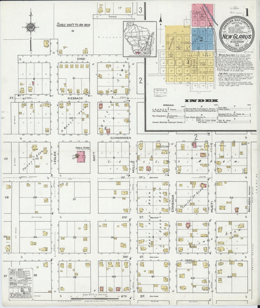 Sanborn Fire Insurance Map from New Glarus, Green County, Wisconsin (1919), Sheet #0001 - Complete Map Set gallery image, historic Sanborn map, vintage wall art, Wisconsin Wisconsin