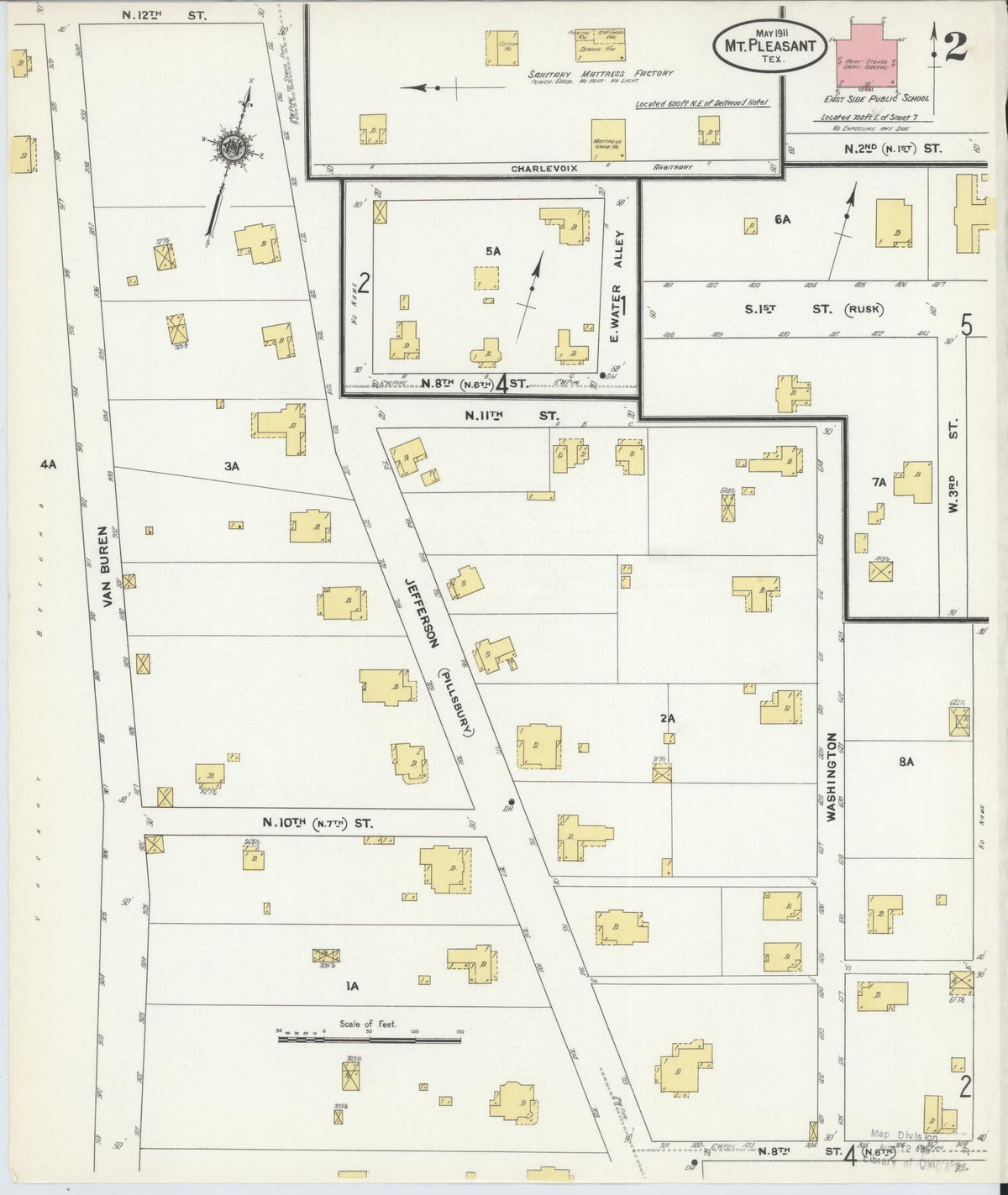 Sanborn Fire Insurance Map from Mount Pleasant, Titus County, Texas (1911), Sheet #0002 - Historic Sanborn Fire Insurance Map Print, vintage old map wall art, antique decor, genealogy gift, Texas Texas map