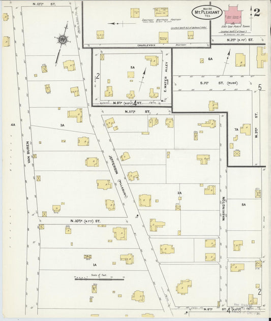 Sanborn Fire Insurance Map from Mount Pleasant, Titus County, Texas (1911), Sheet #0002 - Historic Sanborn Fire Insurance Map Print, vintage old map wall art, antique decor, genealogy gift, Texas Texas map