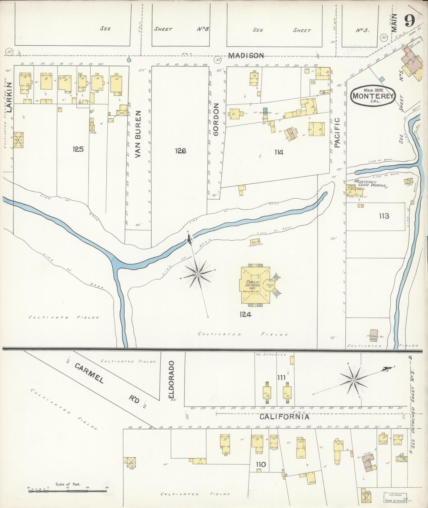 Sanborn Fire Insurance Map from Monterey, Monterey County, California (1892), Sheet #0009 - Historic Sanborn Fire Insurance Map Print, vintage old map wall art, antique decor, genealogy gift, California California map