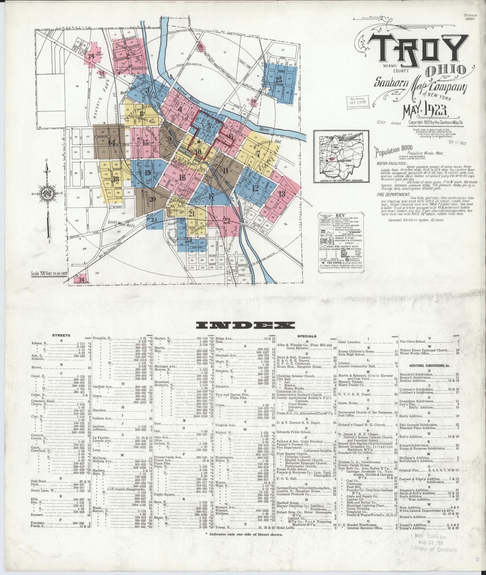 Sanborn Fire Insurance Map from Troy, Miami County, Ohio (1923), Sheet #0001 - Complete Map Set gallery image, historic Sanborn map, vintage wall art, Ohio Ohio