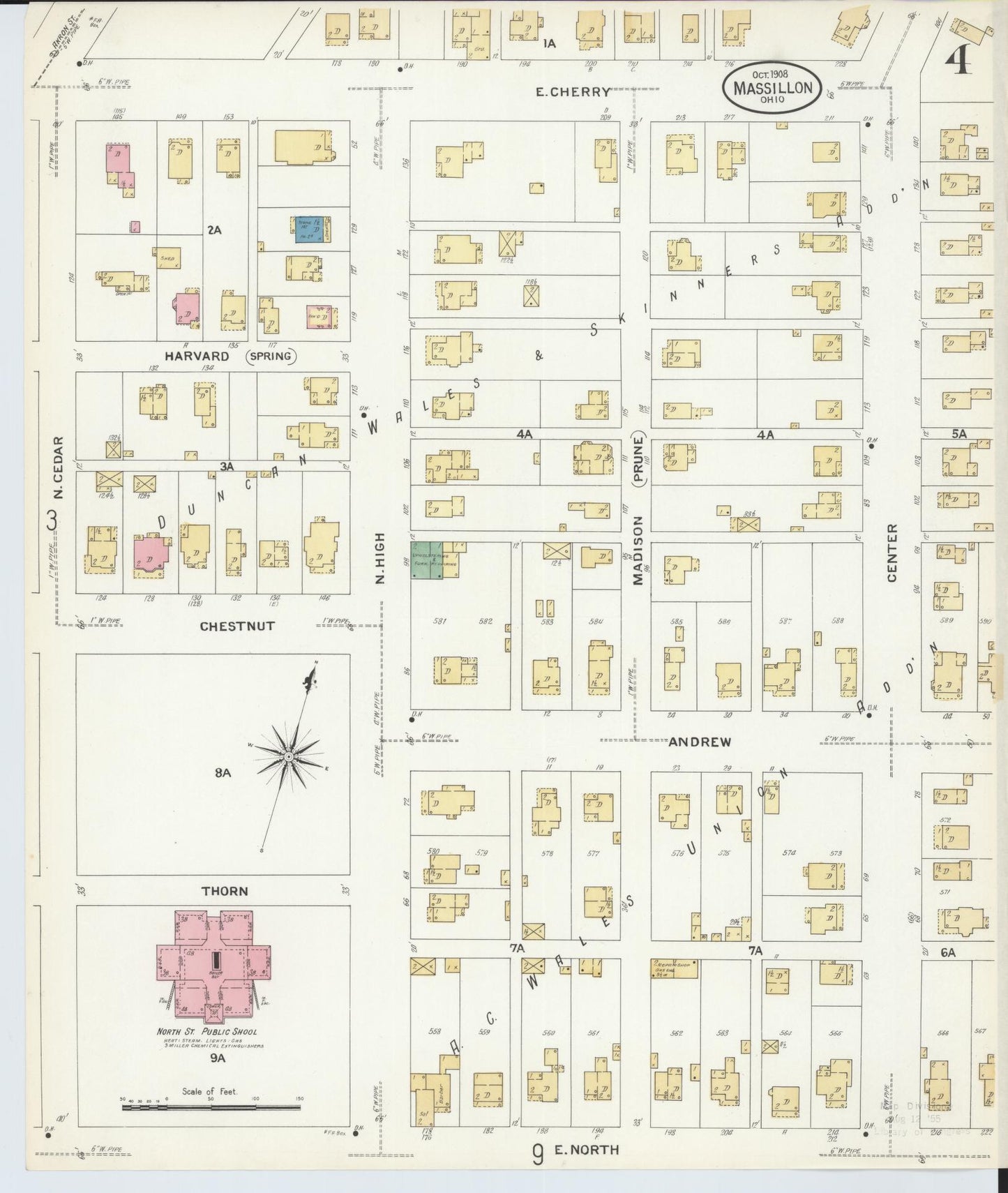 Sanborn Fire Insurance Map from Massillon, Stark County, Ohio (1908), Sheet #0004 - Historic Sanborn Fire Insurance Map Print, vintage old map wall art, antique decor, genealogy gift, Ohio Ohio map