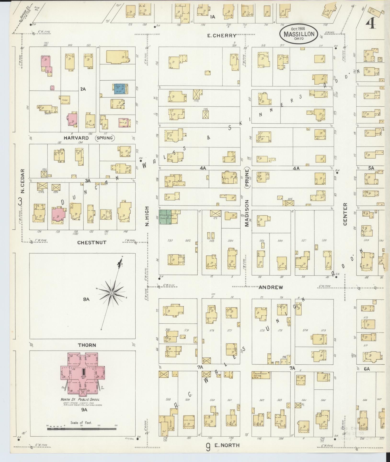 Sanborn Fire Insurance Map from Massillon, Stark County, Ohio (1908), Sheet #0004 - Historic Sanborn Fire Insurance Map Print, vintage old map wall art, antique decor, genealogy gift, Ohio Ohio map