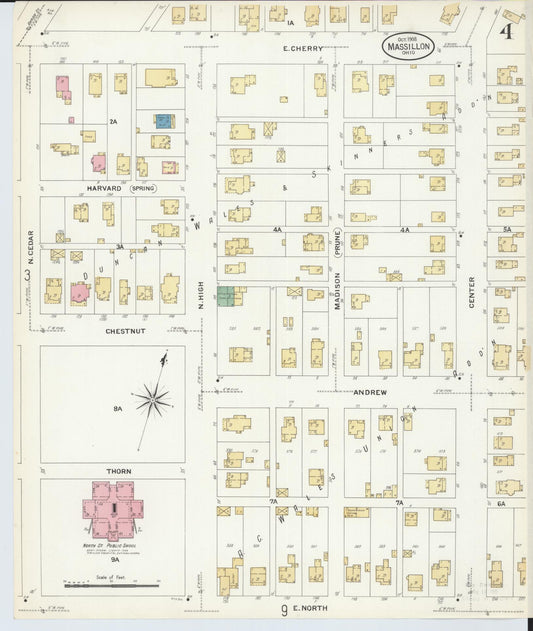 Sanborn Fire Insurance Map from Massillon, Stark County, Ohio (1908), Sheet #0004 - Historic Sanborn Fire Insurance Map Print, vintage old map wall art, antique decor, genealogy gift, Ohio Ohio map
