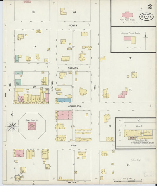 Sanborn Fire Insurance Map from Ozark, Franklin County, Arkansas (1897), Sheet #0002 - Historic Sanborn Fire Insurance Map Print, vintage old map wall art, antique decor, genealogy gift, Arkansas Arkansas map