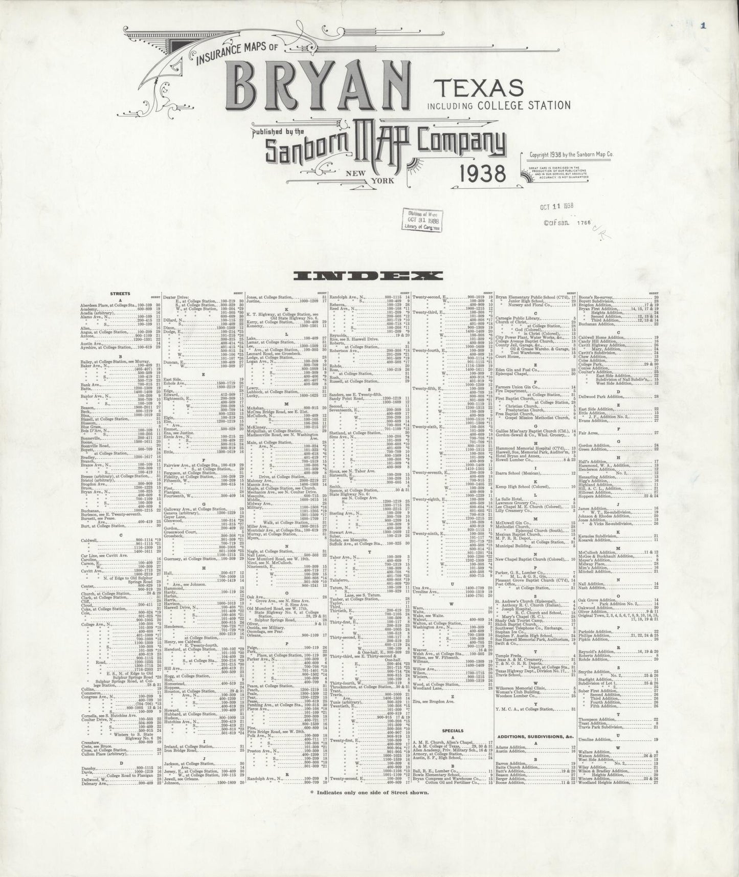 Sanborn Fire Insurance Map from Bryan, Brazos County, Texas (1938), Sheet #0001 - Historic Sanborn Fire Insurance Map Print, vintage old map wall art, antique decor, genealogy gift, Texas Texas map