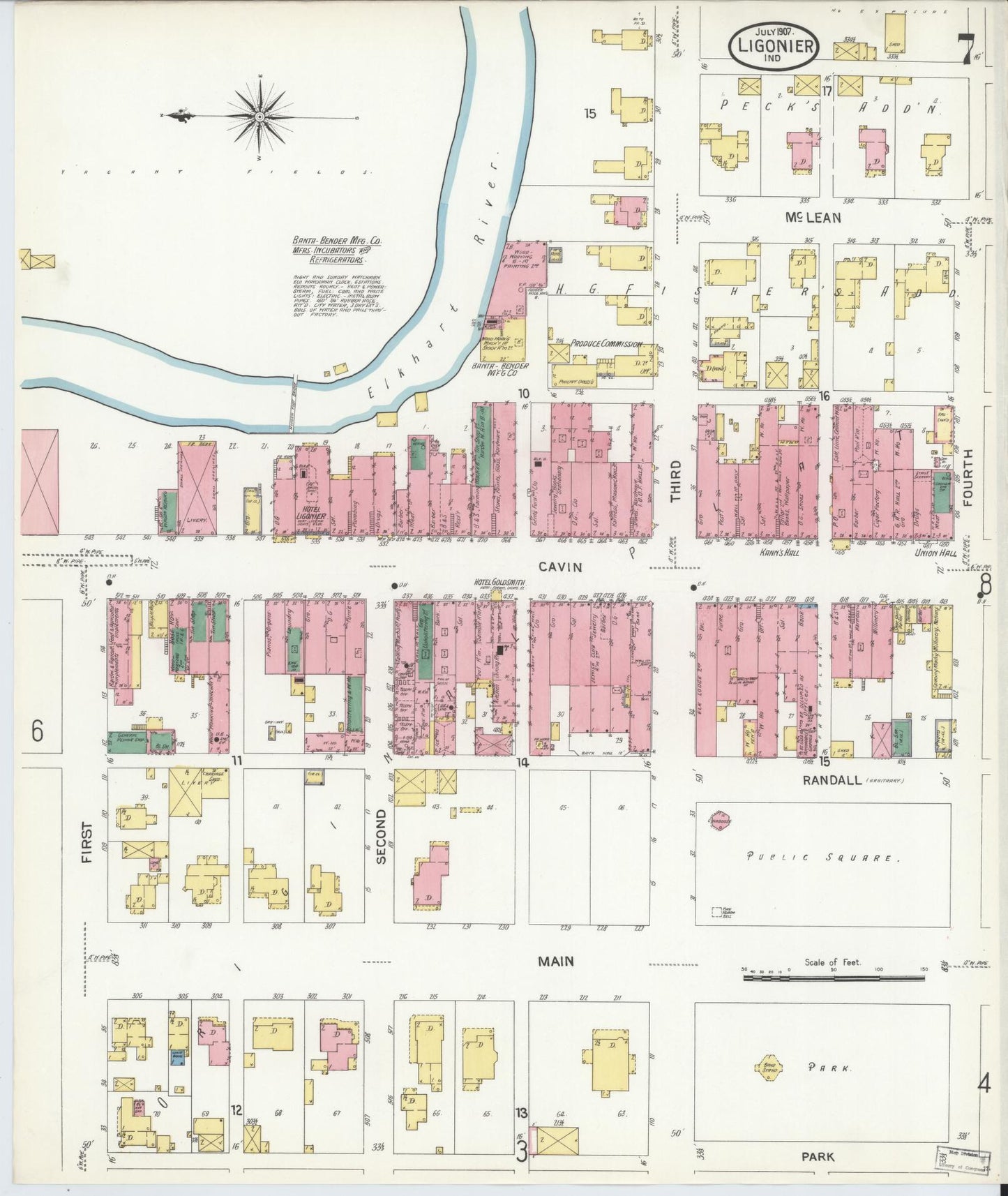 Sanborn Fire Insurance Map from Ligonier, Noble County, Indiana (1907), Sheet #0007 - Complete Map Set gallery image, historic Sanborn map, vintage wall art, Indiana Indiana