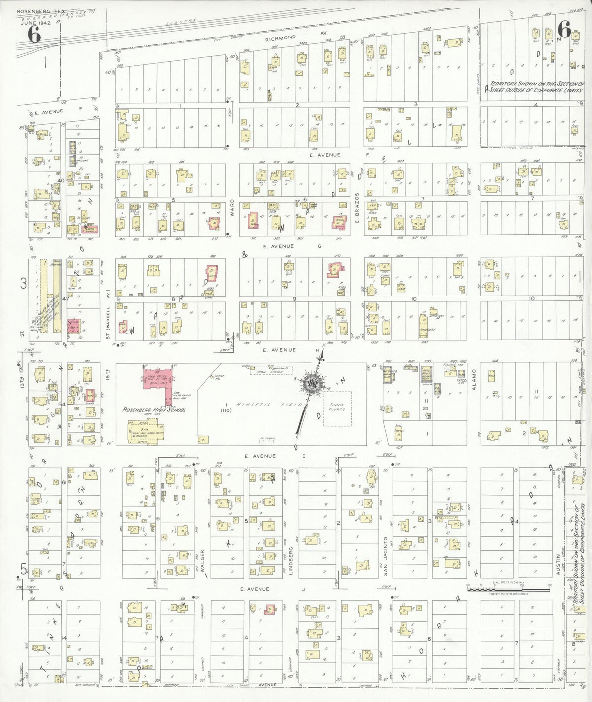 Sanborn Fire Insurance Map from Rosenberg, Fort Bend County, Texas (1942), Sheet #0006 - Complete Map Set gallery image, historic Sanborn map, vintage wall art, Texas Texas